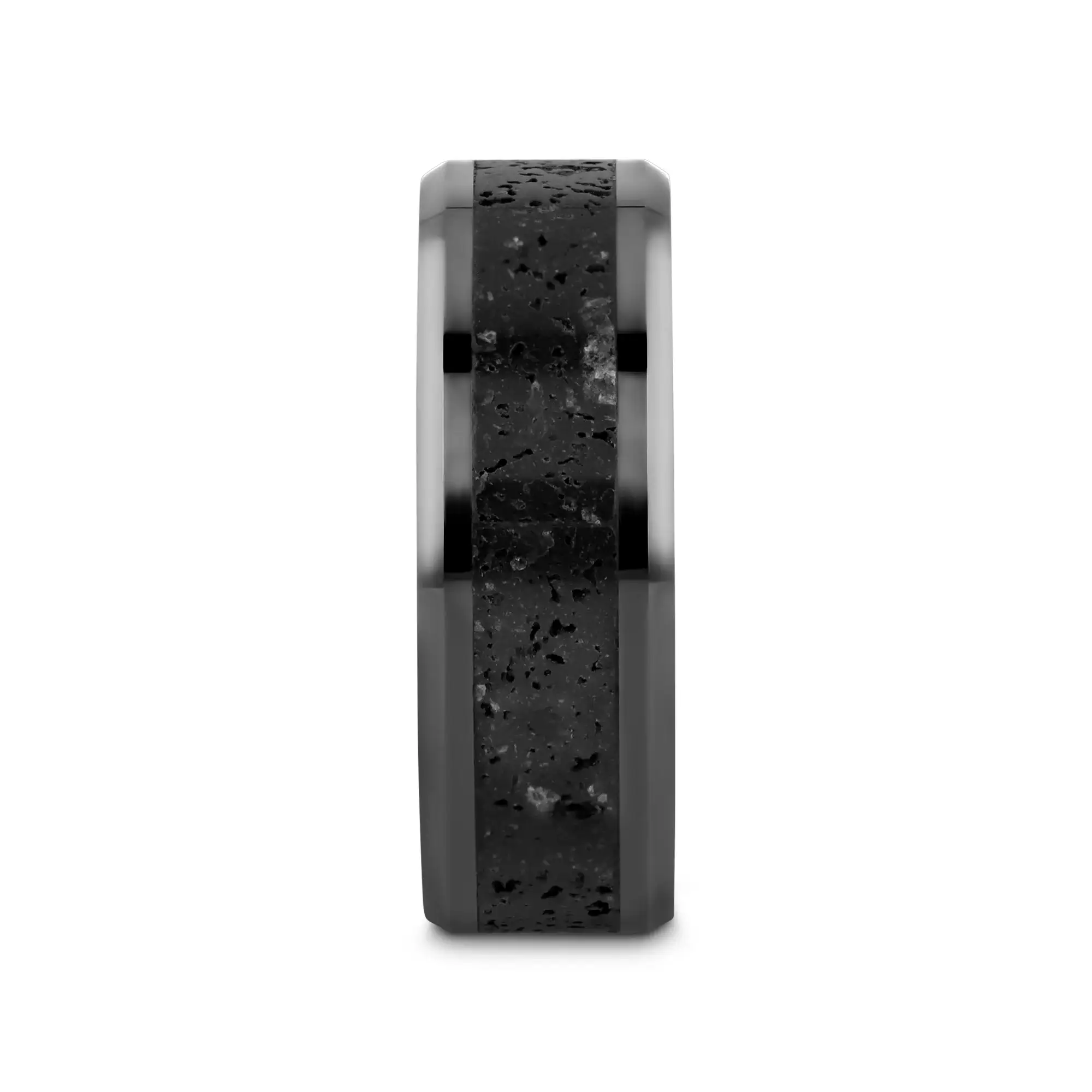 VESUVIUS Men’s Polished Black Ceramic Wedding Band with Black & Gray Lava Rock Stone Inlay & Polished Beveled Edges - 6mm & 8mm - Image 2