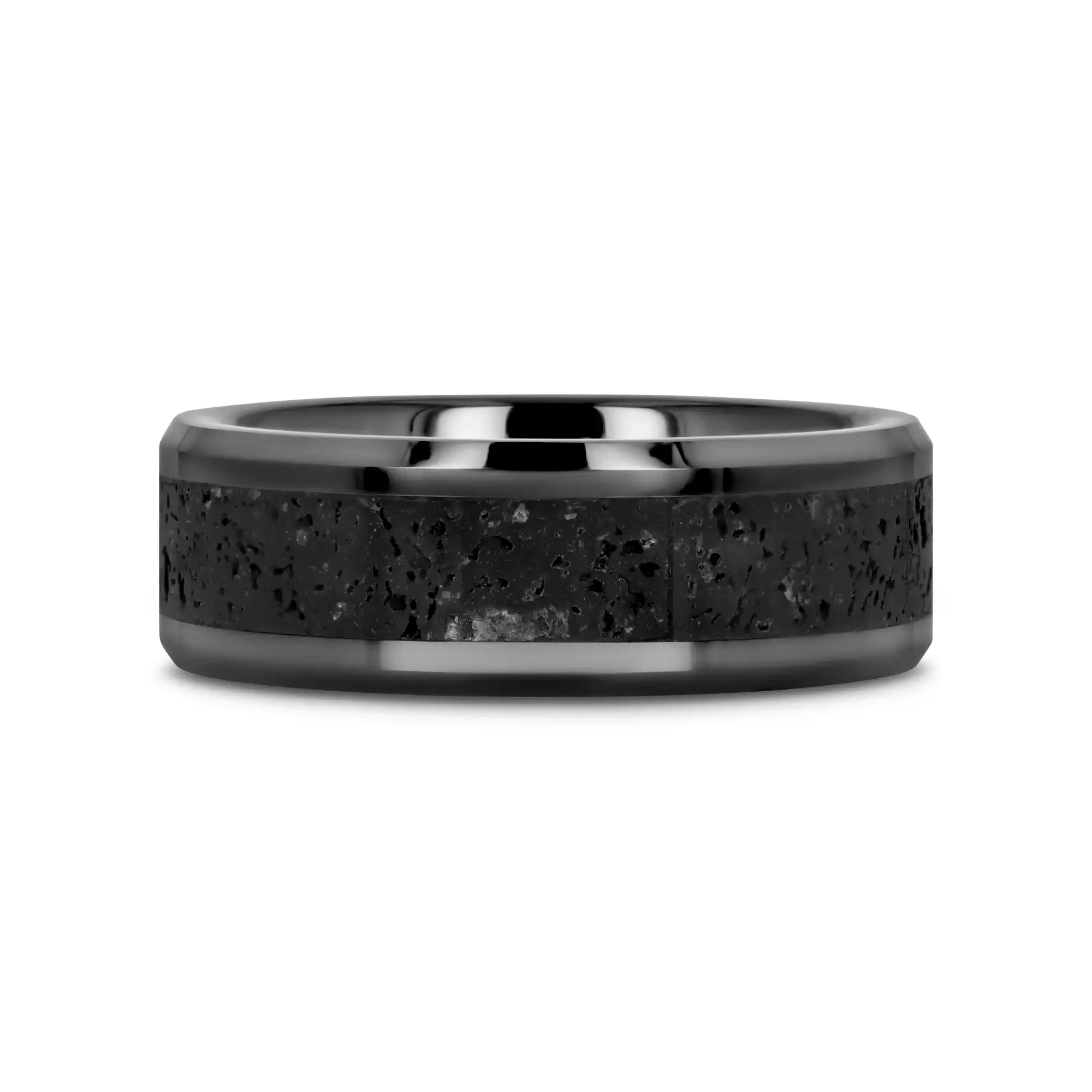 VESUVIUS Men’s Polished Black Ceramic Wedding Band with Black & Gray Lava Rock Stone Inlay & Polished Beveled Edges - 6mm & 8mm - Image 3