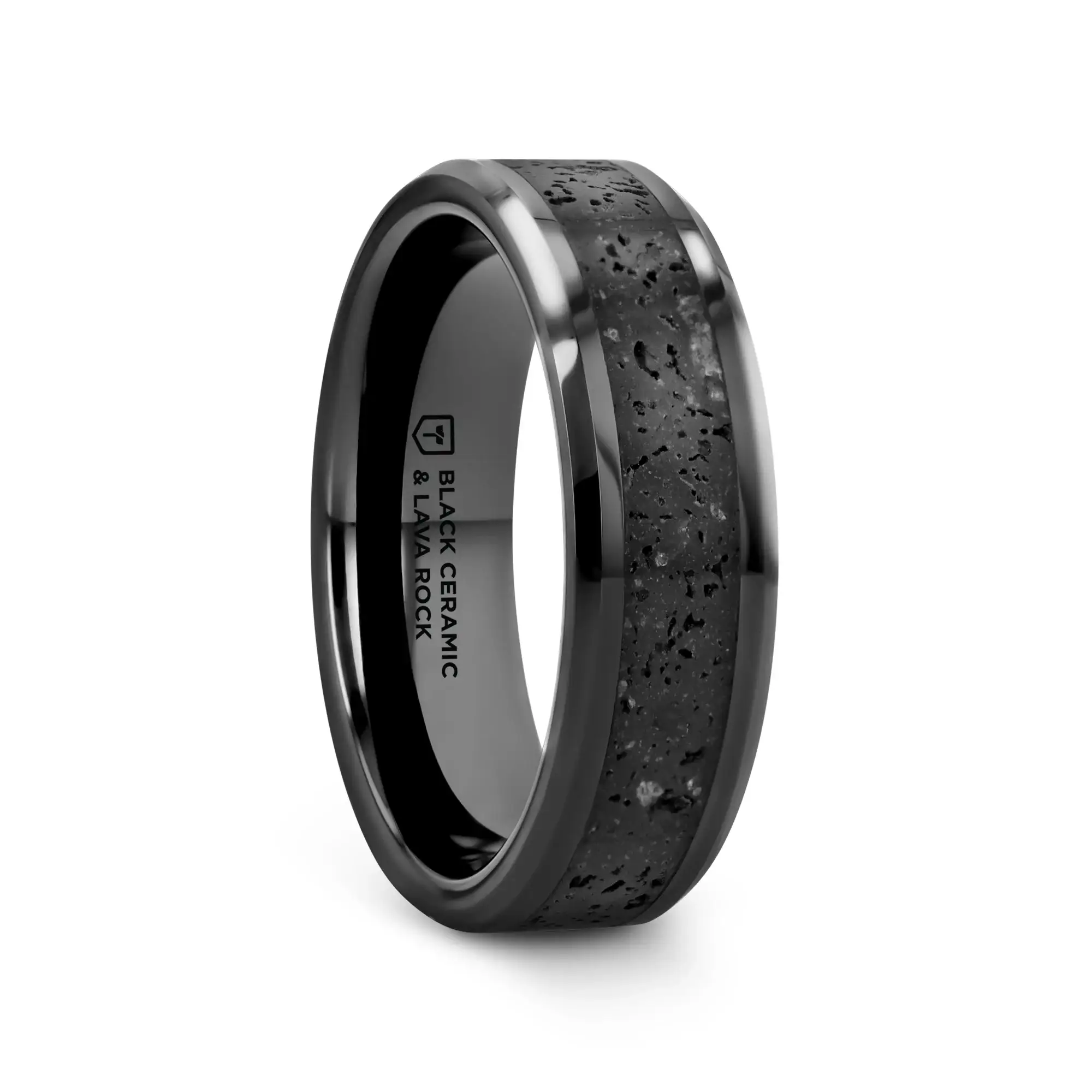 VESUVIUS Men’s Polished Black Ceramic Wedding Band with Black & Gray Lava Rock Stone Inlay & Polished Beveled Edges - 6mm & 8mm - Image 4