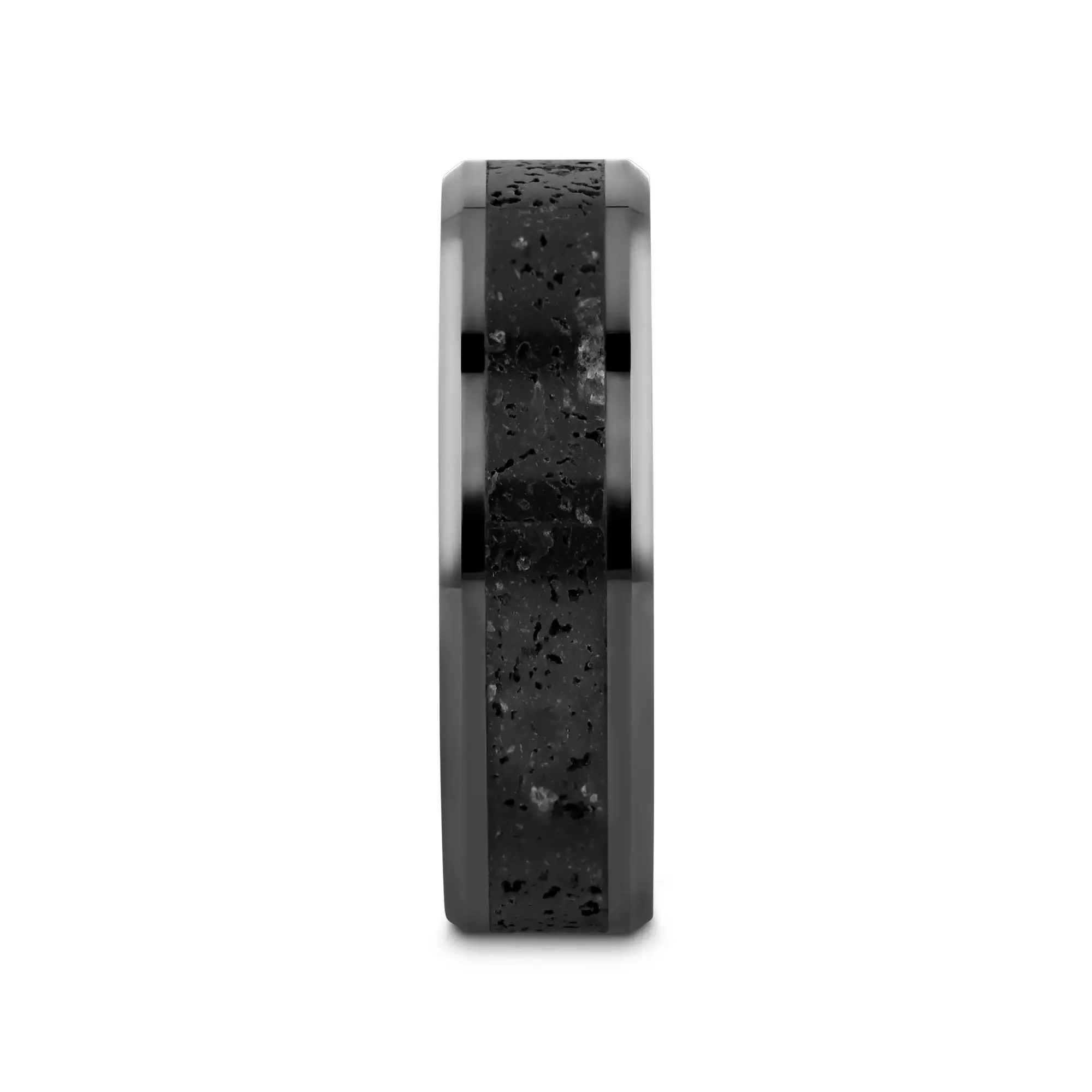 VESUVIUS Men’s Polished Black Ceramic Wedding Band with Black & Gray Lava Rock Stone Inlay & Polished Beveled Edges - 6mm & 8mm - Image 5