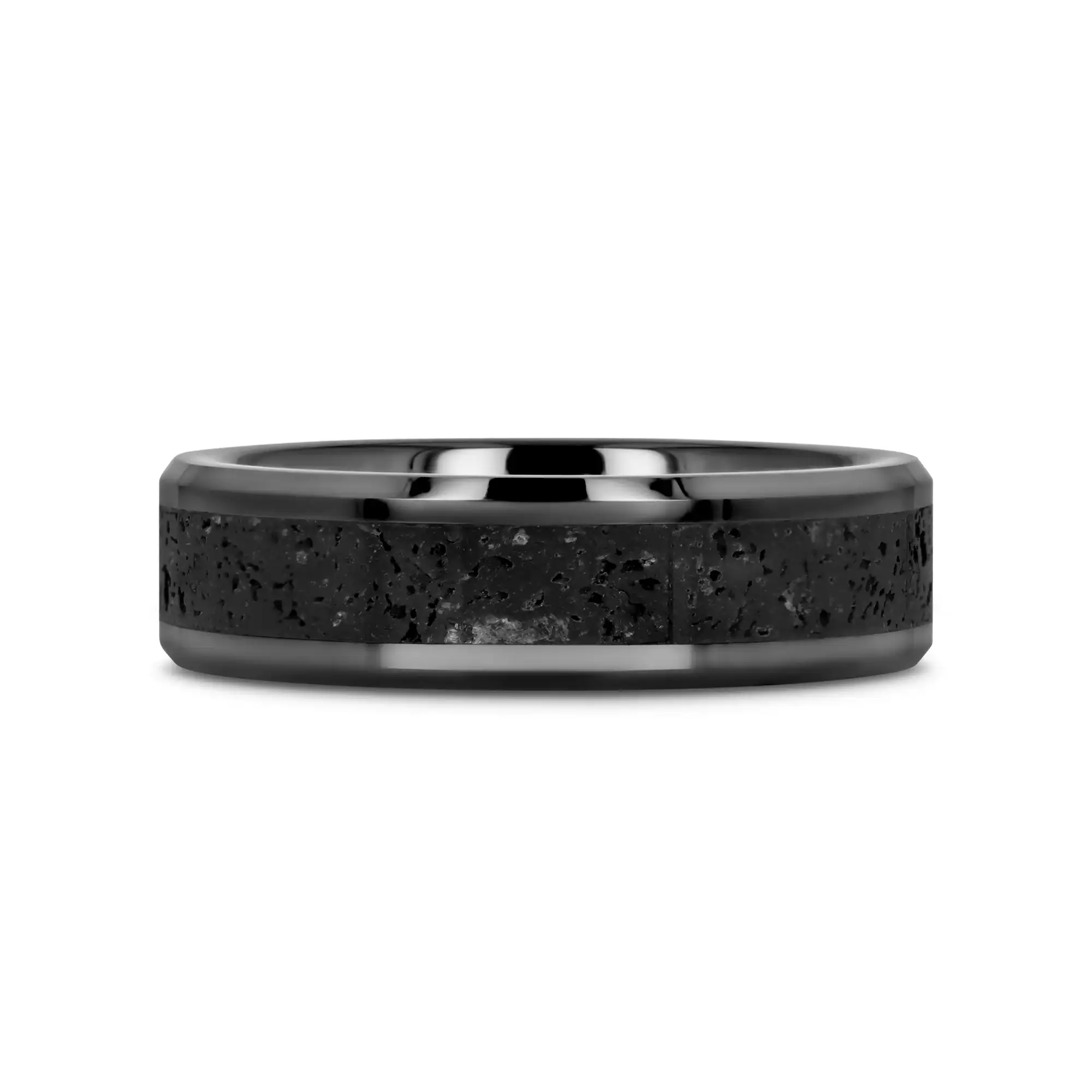 VESUVIUS Men’s Polished Black Ceramic Wedding Band with Black & Gray Lava Rock Stone Inlay & Polished Beveled Edges - 6mm & 8mm - Image 6