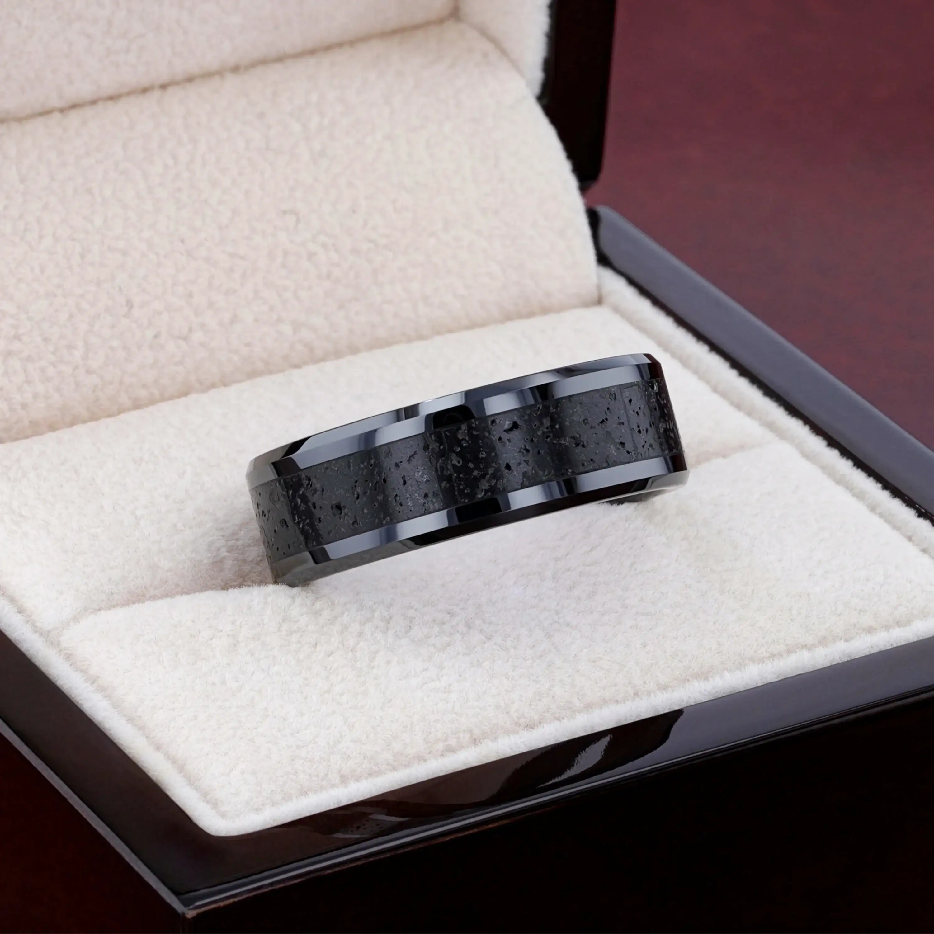 VESUVIUS Men’s Polished Black Ceramic Wedding Band with Black & Gray Lava Rock Stone Inlay & Polished Beveled Edges - 6mm & 8mm - Image 7