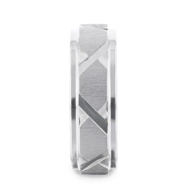 VIRAGE Raised Horizontal Etch and Diagon-Shaped Cuts Centered Titanium Men's Wedding Ring With Polished Step Edges - 8mm - Image 2