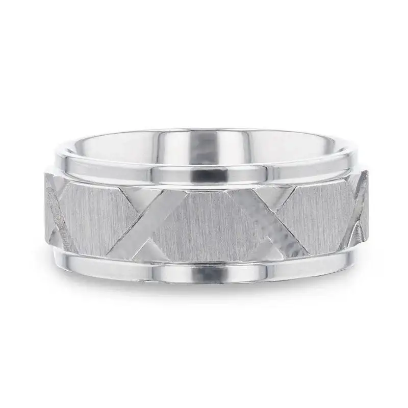 VIRAGE Raised Horizontal Etch and Diagon-Shaped Cuts Centered Titanium Men's Wedding Ring With Polished Step Edges - 8mm - Image 3