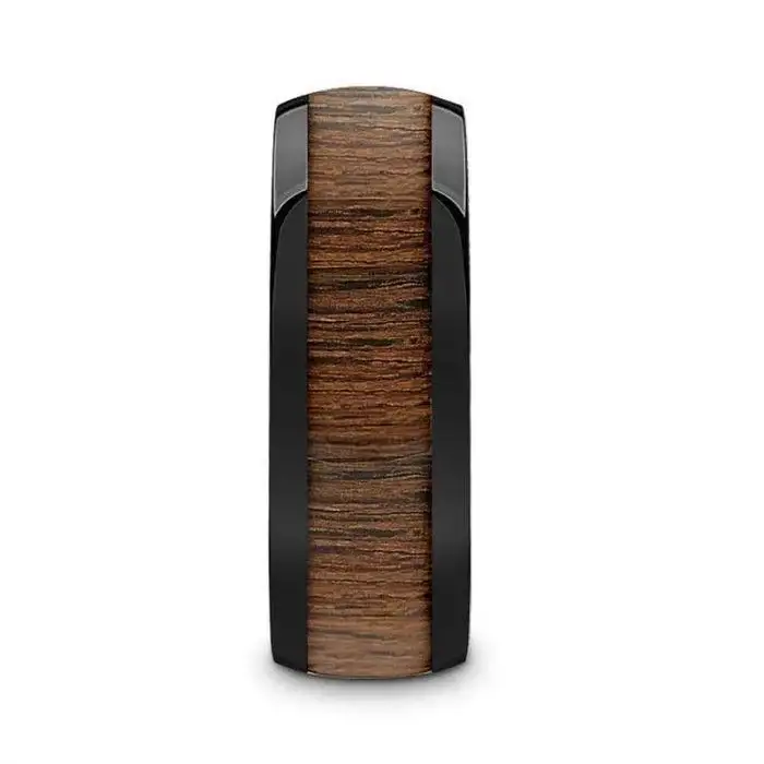 WALLACE Black Ceramic Polished Finish Men’s Domed Wedding Band with Black Walnut Inlay - 8mm - Image 2