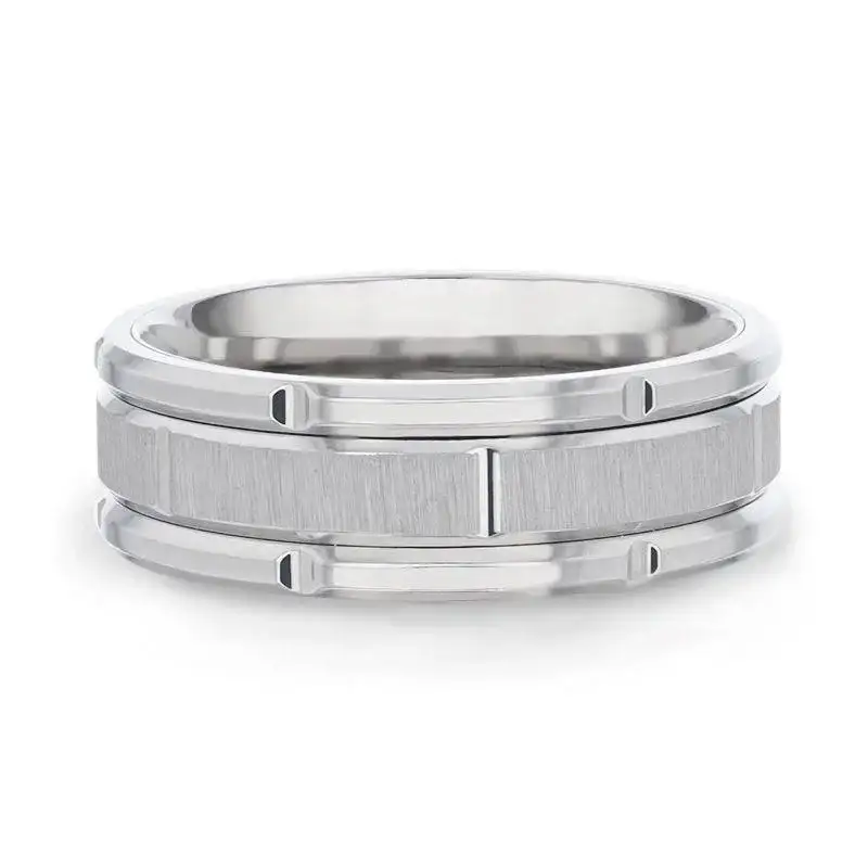 WARRICK Alternating Grooves And Horizontal Etched Finish Titanium Men's Wedding Band with Alternating Grooved Beveled Polished Edges - 8mm - Image 3