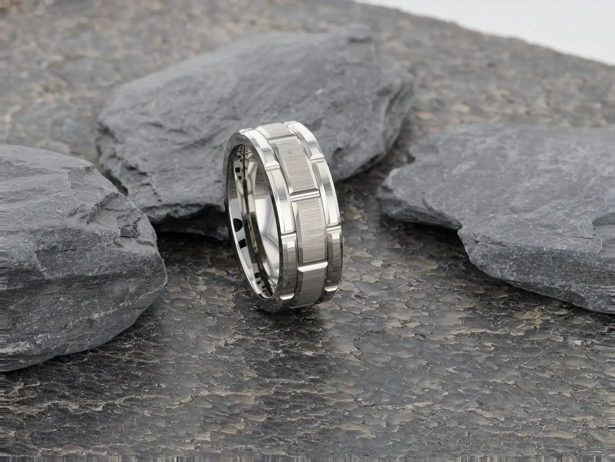 WARWICK Beveled Tungsten Carbide Wedding Band with Brush Finished Center and Alternating Grooves - 8mm - Image 10
