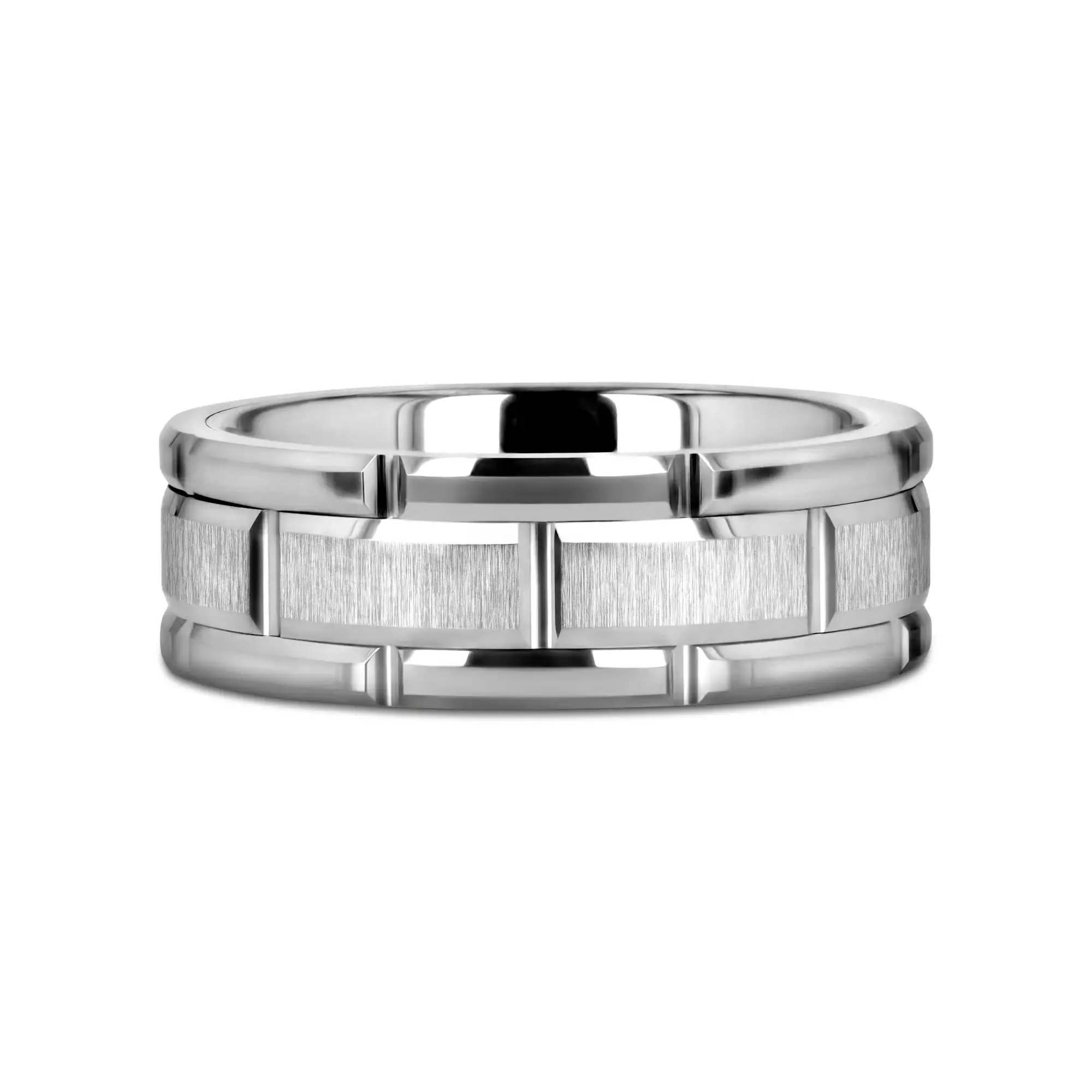WARWICK Beveled Tungsten Carbide Wedding Band with Brush Finished Center and Alternating Grooves - 8mm - Image 3