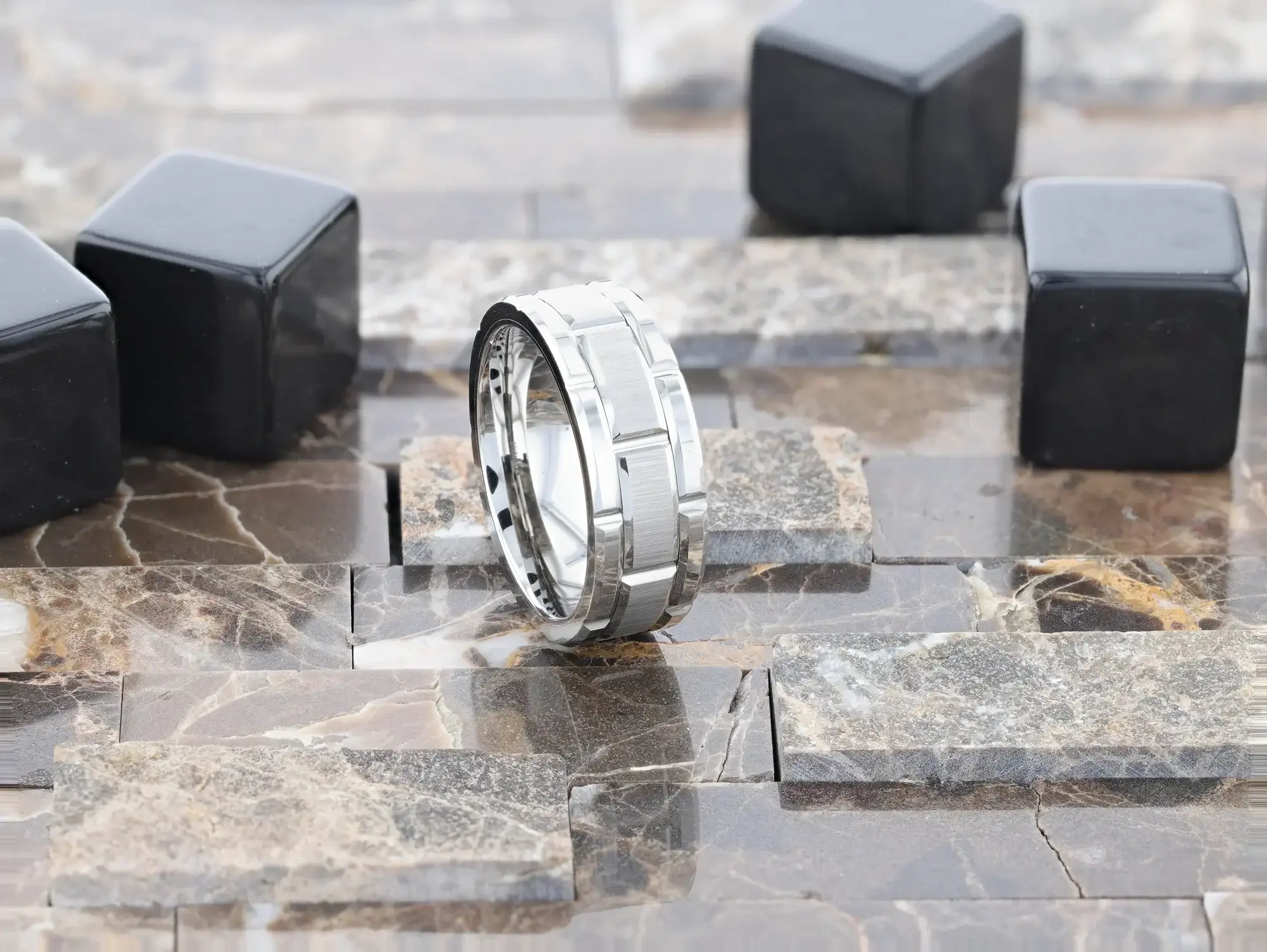 WARWICK Beveled Tungsten Carbide Wedding Band with Brush Finished Center and Alternating Grooves - 8mm - Image 4