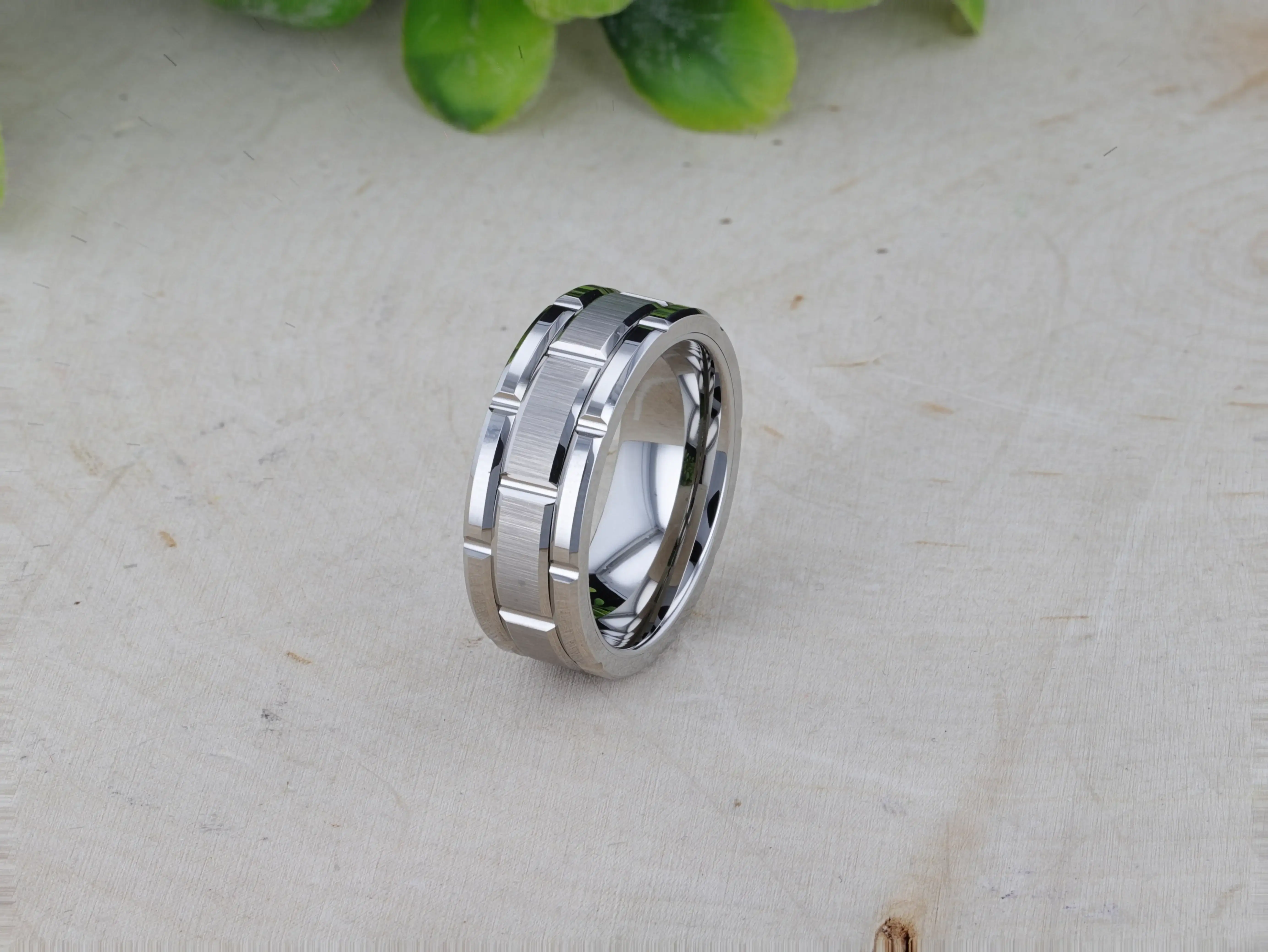 WARWICK Beveled Tungsten Carbide Wedding Band with Brush Finished Center and Alternating Grooves - 8mm - Image 6