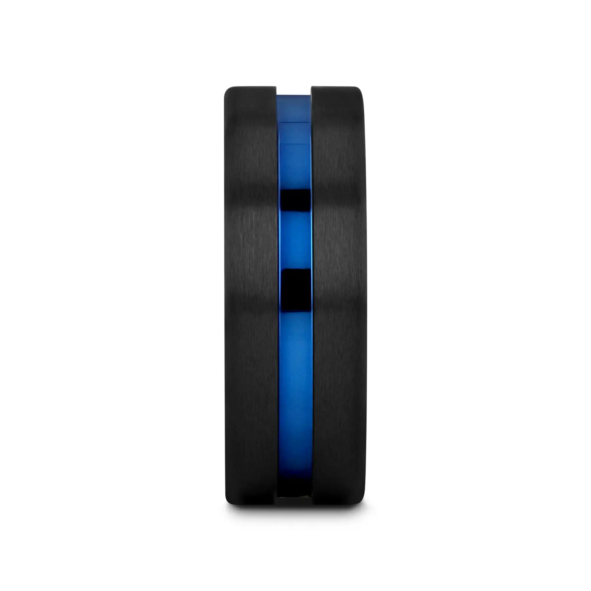 WESTLEY Flat Brushed Finish Black Ceramic Men’s Wedding Ring with Blue Grooved Center - 8mm - Image 2