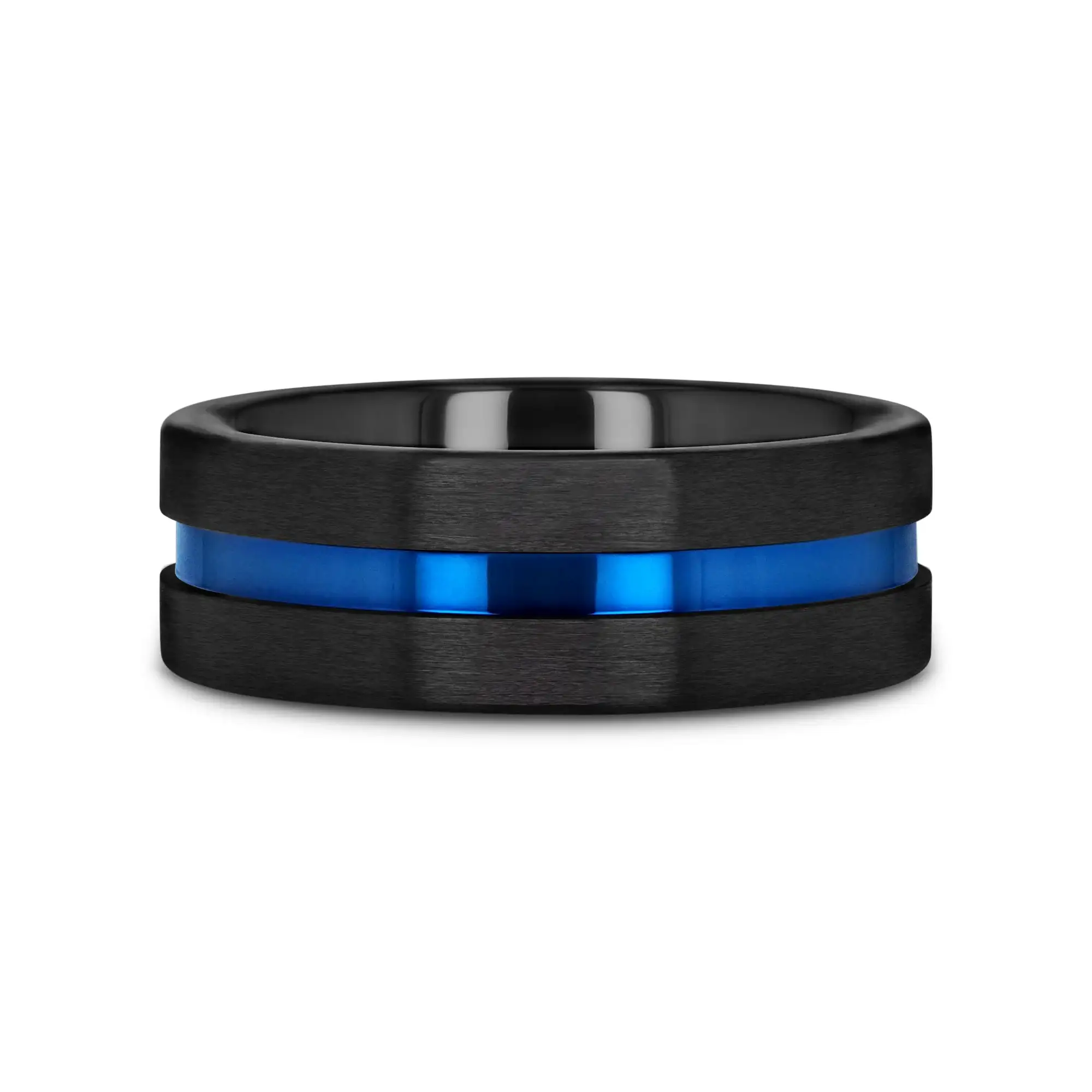 WESTLEY Flat Brushed Finish Black Ceramic Men’s Wedding Ring with Blue Grooved Center - 8mm - Image 3