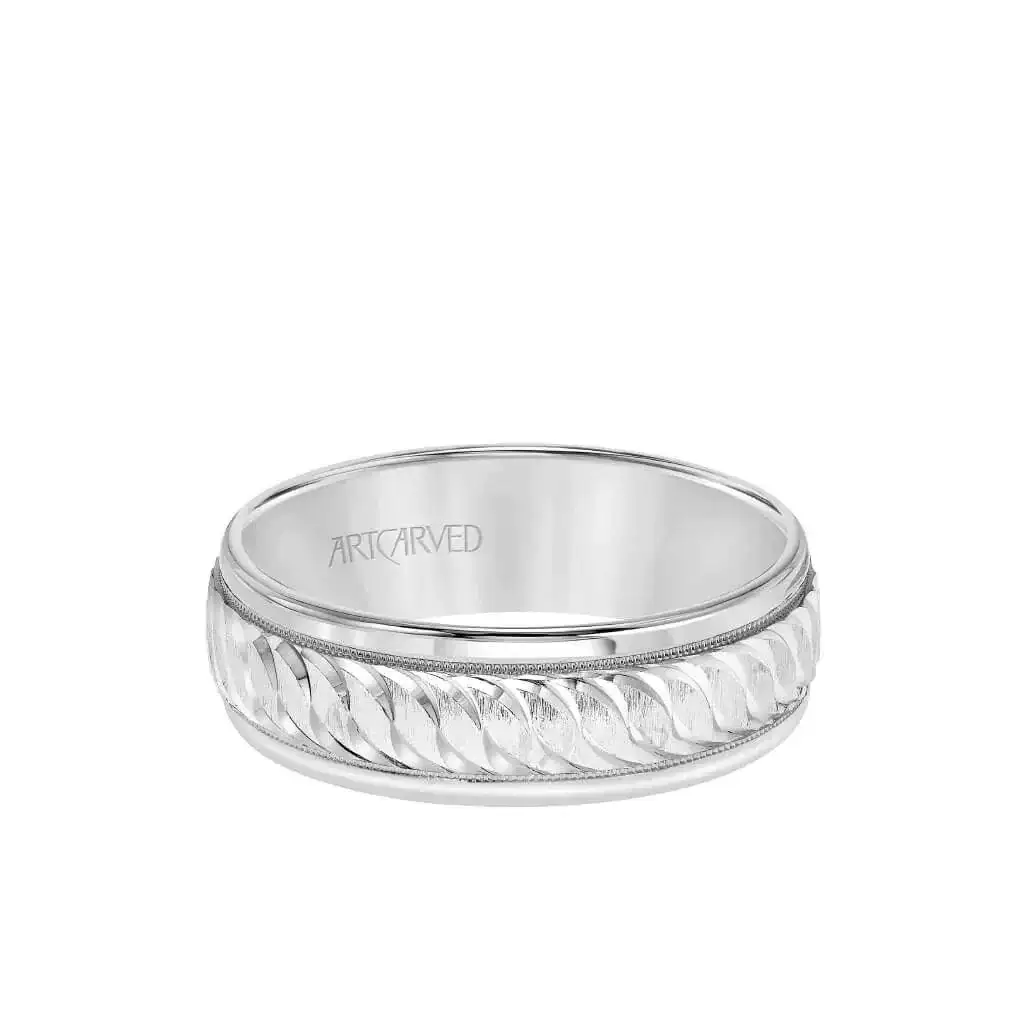 WHISPERS OF LOVE 14k White Gold Wedding Band Engraved Center Design Milgrain Rolled Edges by Artcarved - 7mm - Image 2