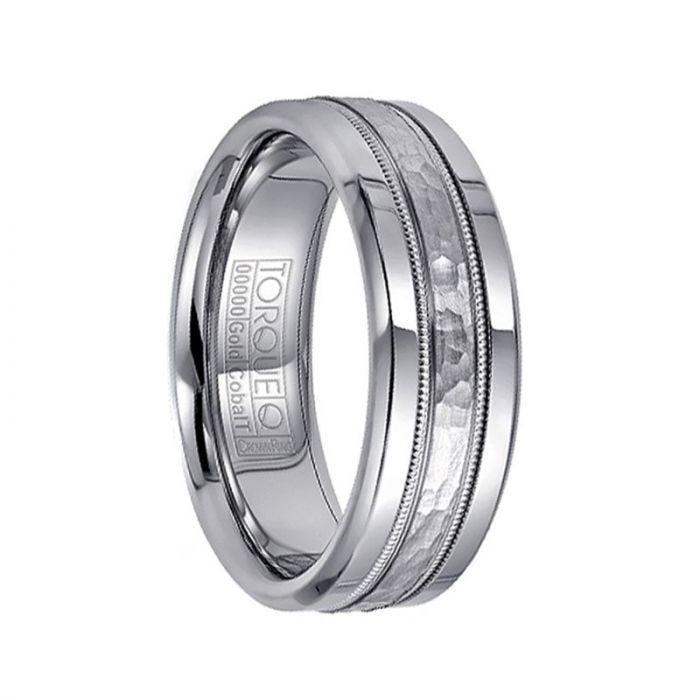 White Cobalt & 14k White Gold Men’s Wedding Band with Milgrain Accents - 7.5mm