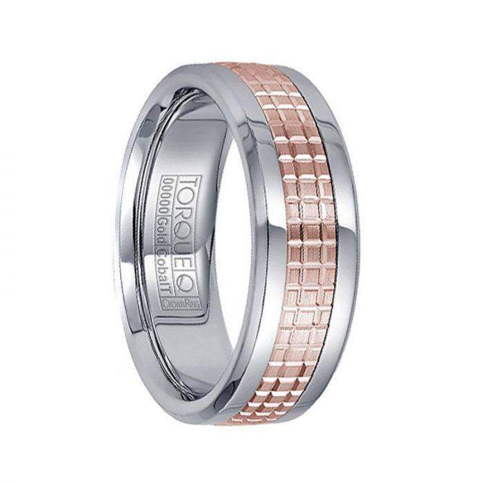 White Cobalt Men’s Wedding Ring Checkered Grooved 14k Rose Gold Polished Inlay - 7.5mm