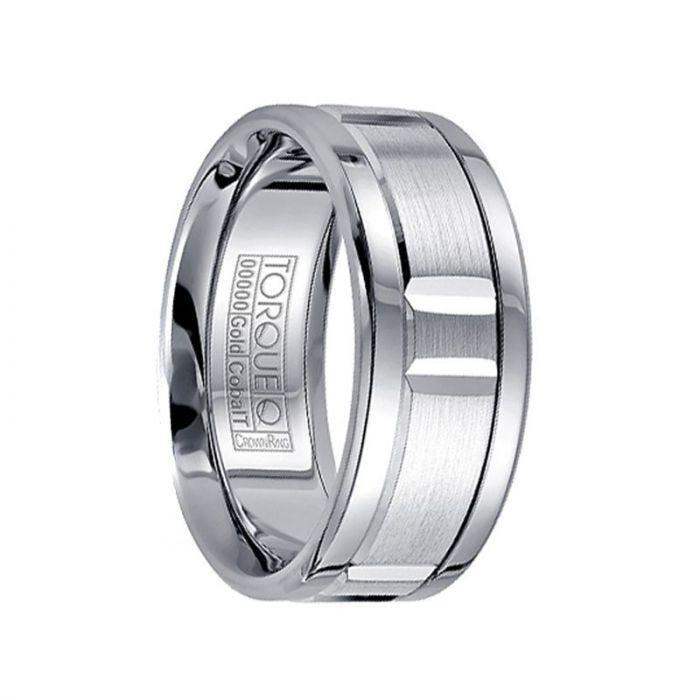 White Cobalt Men’s Wedding Ring Grooved 14k White Gold Center - 9mm