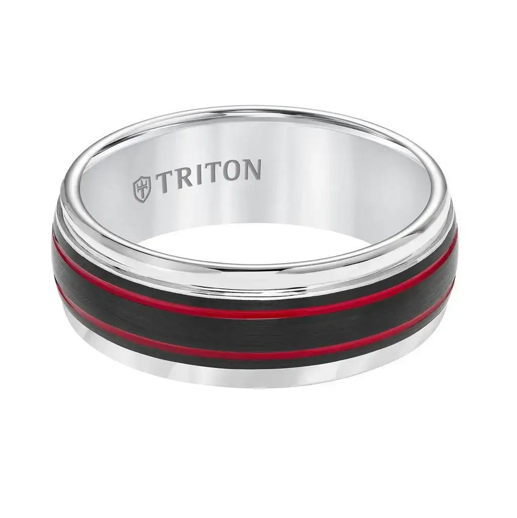 NIKITA White Tungsten Black Matte Center Red Dual Grooved Wedding Ring with Polished Round Edges by Triton Rings - 8mm - Image 3