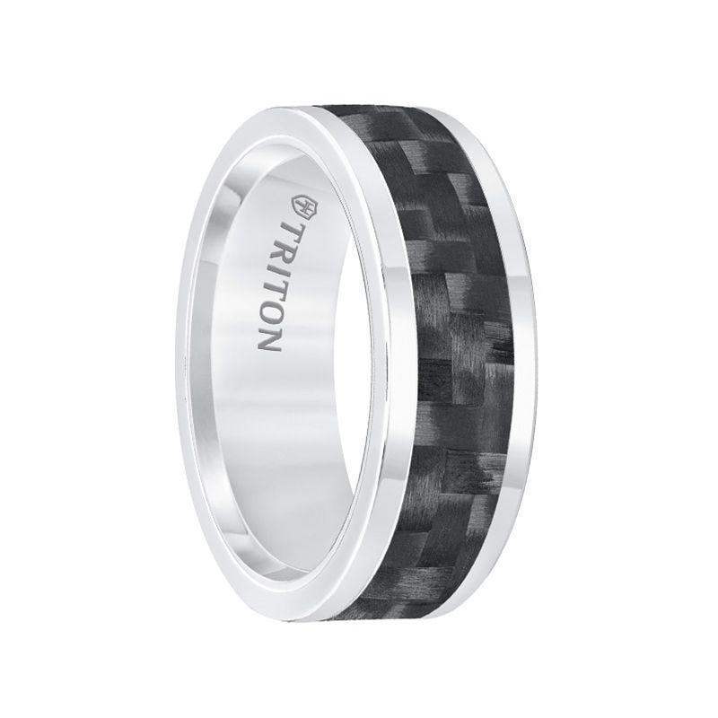 VITRIC White Tungsten Polished Wedding Band with Black Carbon Fiber Inlay by Triton Rings - 8mm