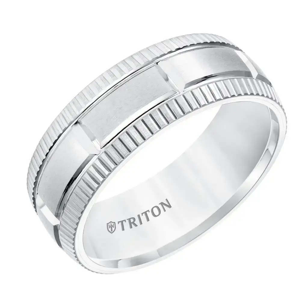 ANTOLIA White Tungsten Satin Finished Coin Edge Wedding Band with Grooved Brick Style Center by Triton Rings - 8mm