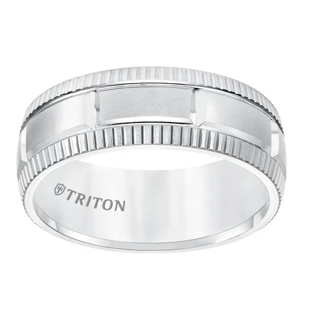 ANTOLIA White Tungsten Satin Finished Coin Edge Wedding Band with Grooved Brick Style Center by Triton Rings - 8mm - Image 2