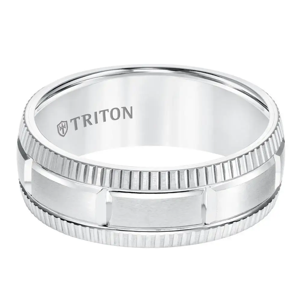 ANTOLIA White Tungsten Satin Finished Coin Edge Wedding Band with Grooved Brick Style Center by Triton Rings - 8mm - Image 3