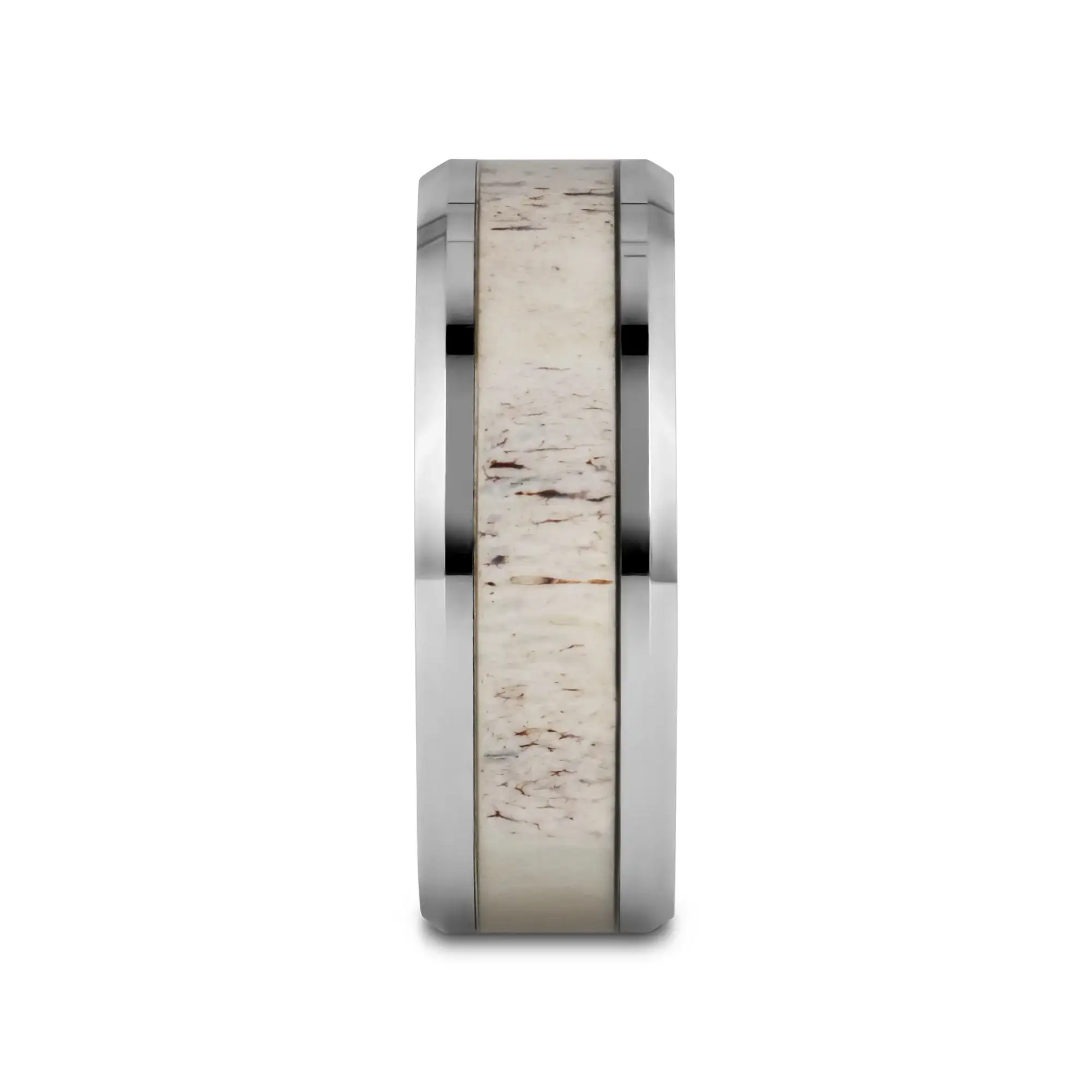 WHITETAIL Polished Beveled Tungsten Carbide Men's Wedding Band with Off-White Deer Antler Inlay - 8mm - Image 2