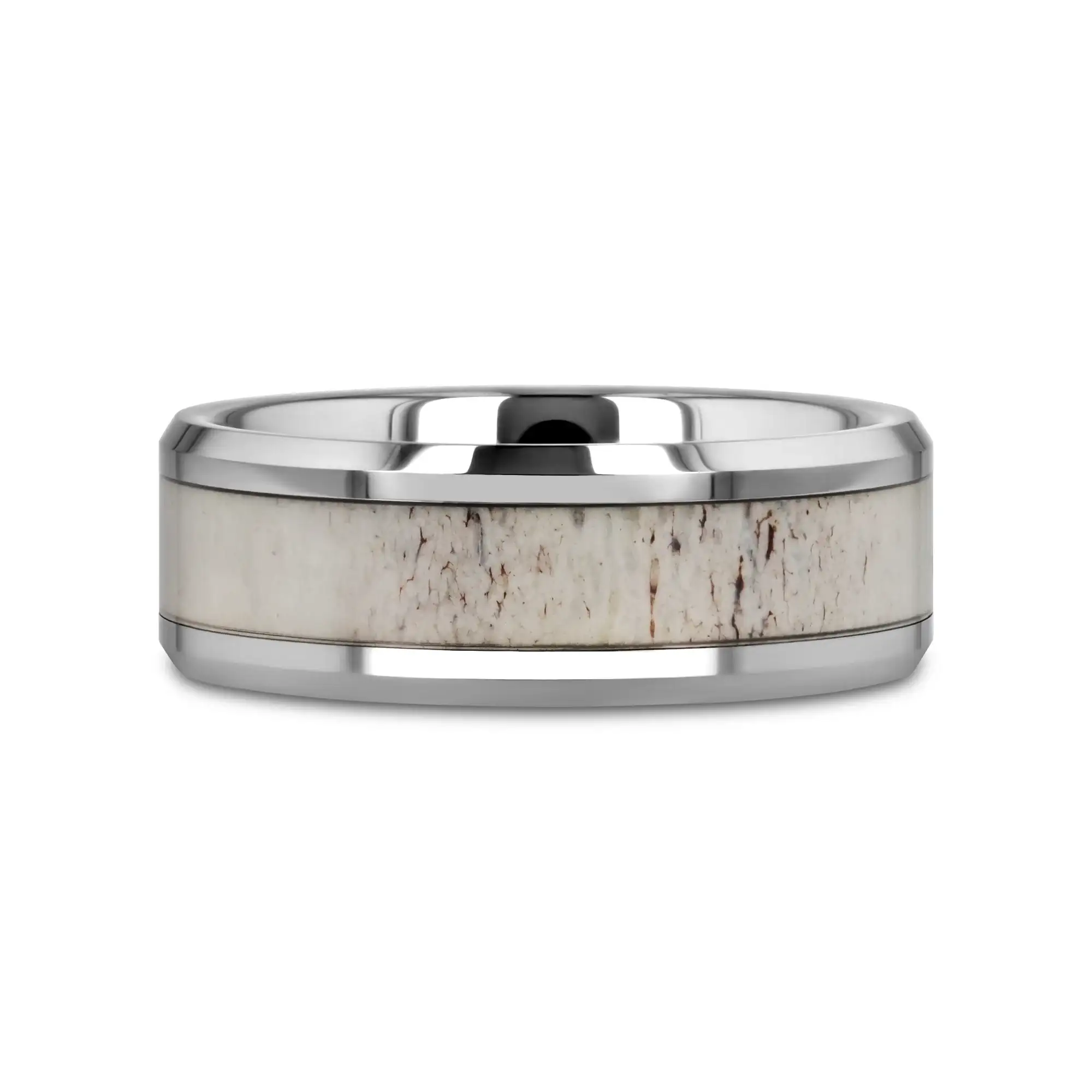 WHITETAIL Polished Beveled Tungsten Carbide Men's Wedding Band with Off-White Deer Antler Inlay - 8mm - Image 3