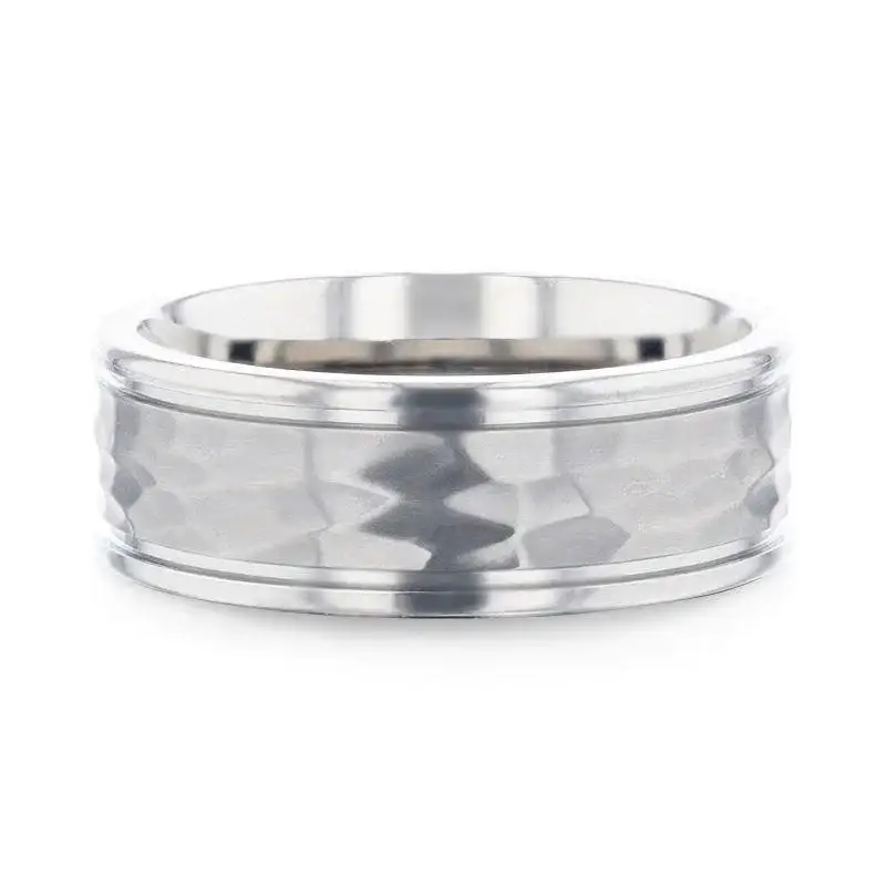 WILLIAM Hammered Finish Center White Titanium Men's Wedding Band With Dual Offset Grooves And Polished Edges - 8mm - Image 3