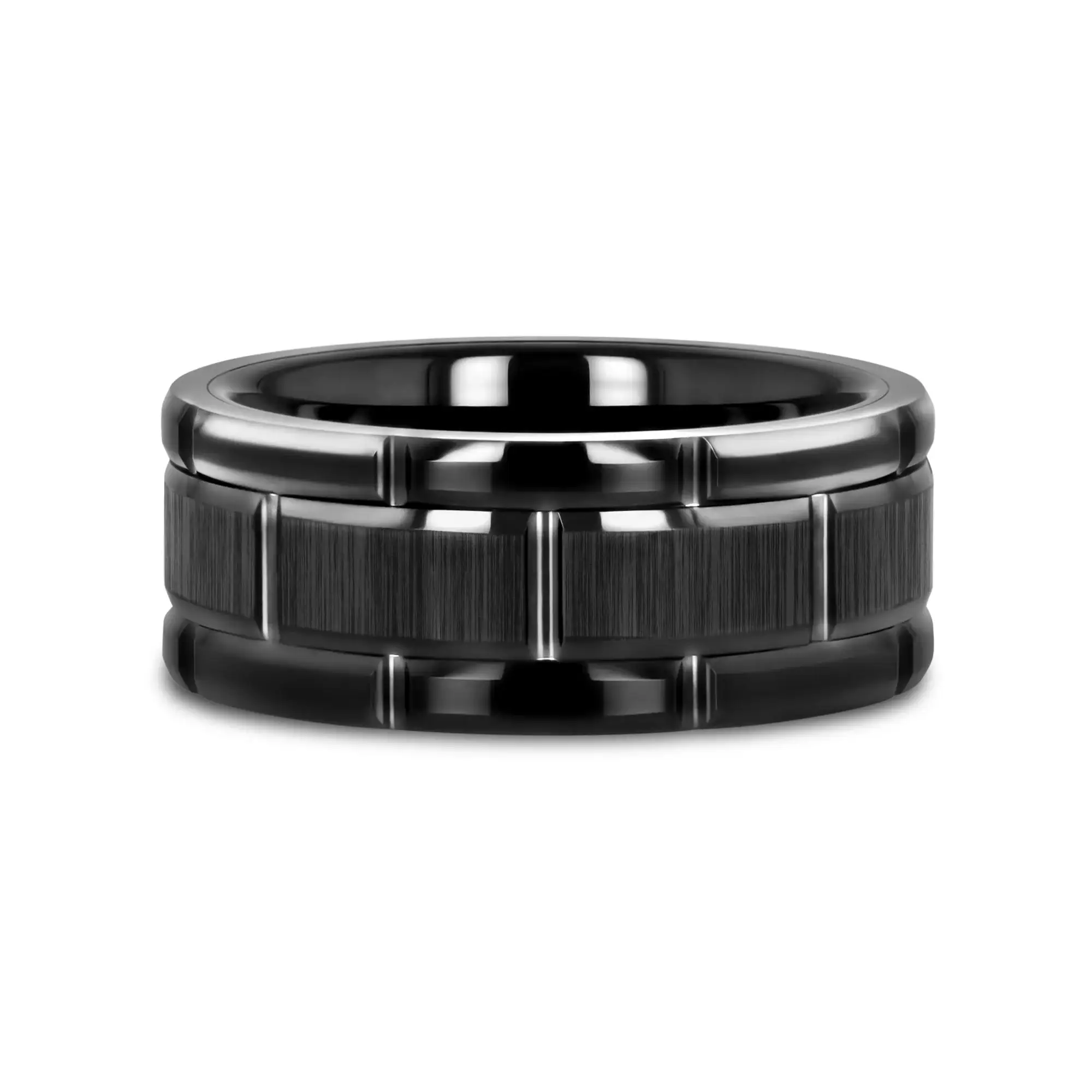 WINDSOR Beveled Black Tungsten Carbide Wedding Band with Brushed Center and Alternating Grooves – 8mm & 10mm - Image 12