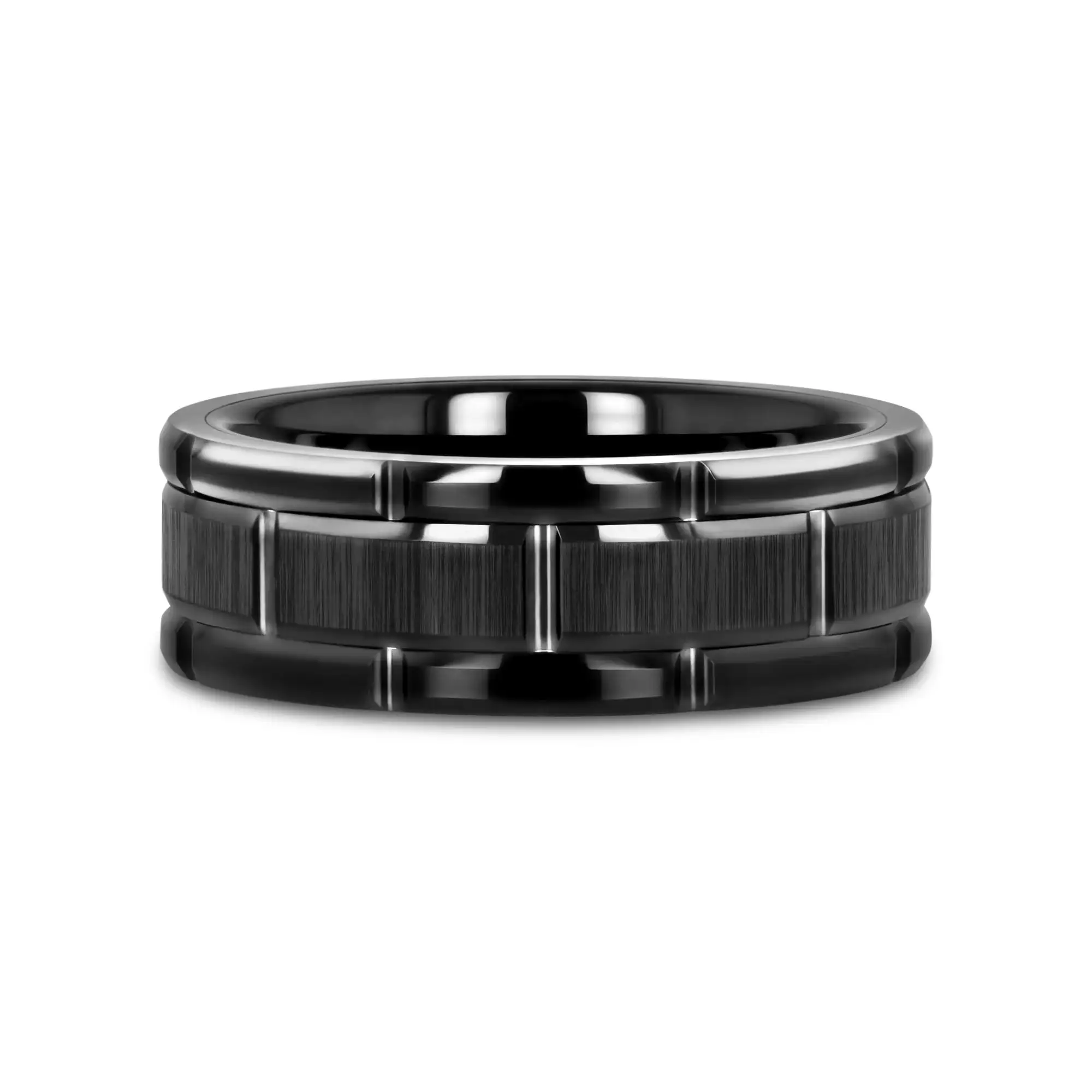 WINDSOR Beveled Black Tungsten Carbide Wedding Band with Brushed Center and Alternating Grooves – 8mm & 10mm - Image 3
