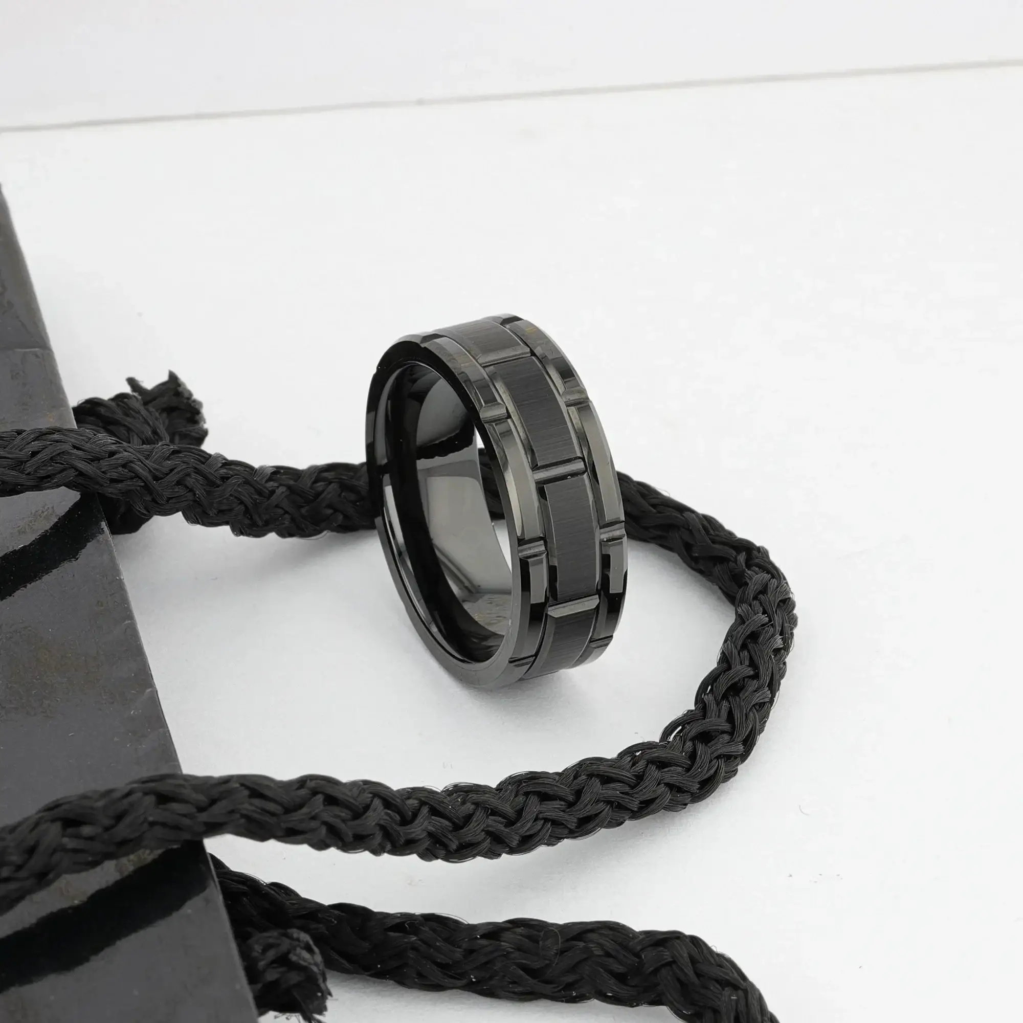 WINDSOR Beveled Black Tungsten Carbide Wedding Band with Brushed Center and Alternating Grooves – 8mm & 10mm - Image 4