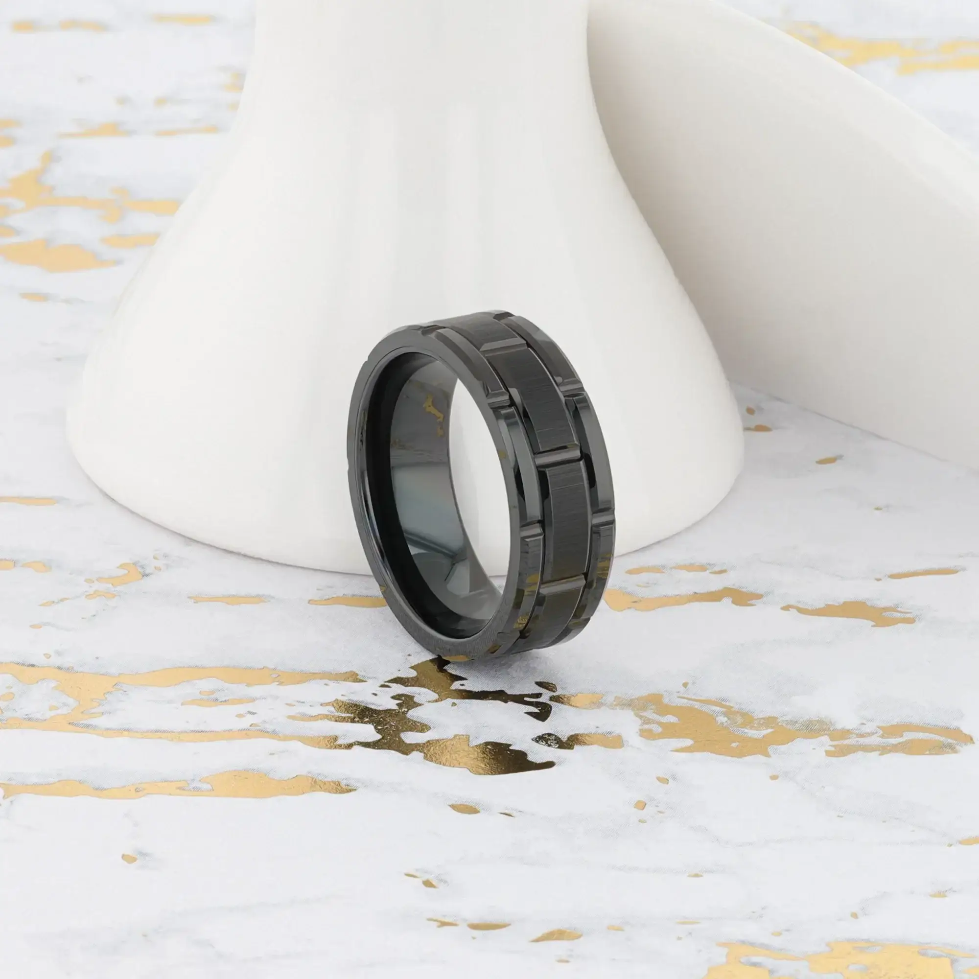 WINDSOR Beveled Black Tungsten Carbide Wedding Band with Brushed Center and Alternating Grooves – 8mm & 10mm - Image 6