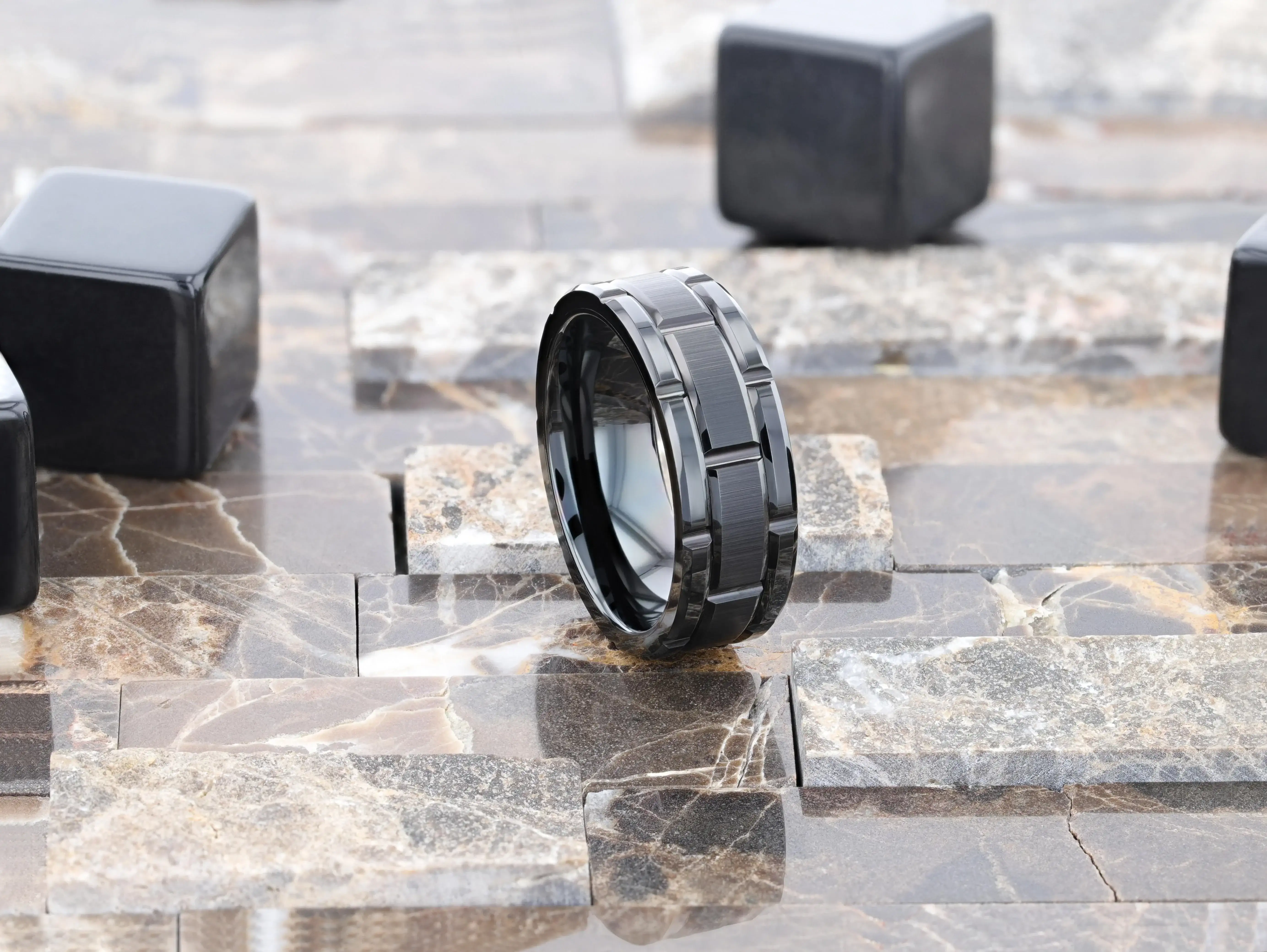 WINDSOR Beveled Black Tungsten Carbide Wedding Band with Brushed Center and Alternating Grooves – 8mm & 10mm - Image 7