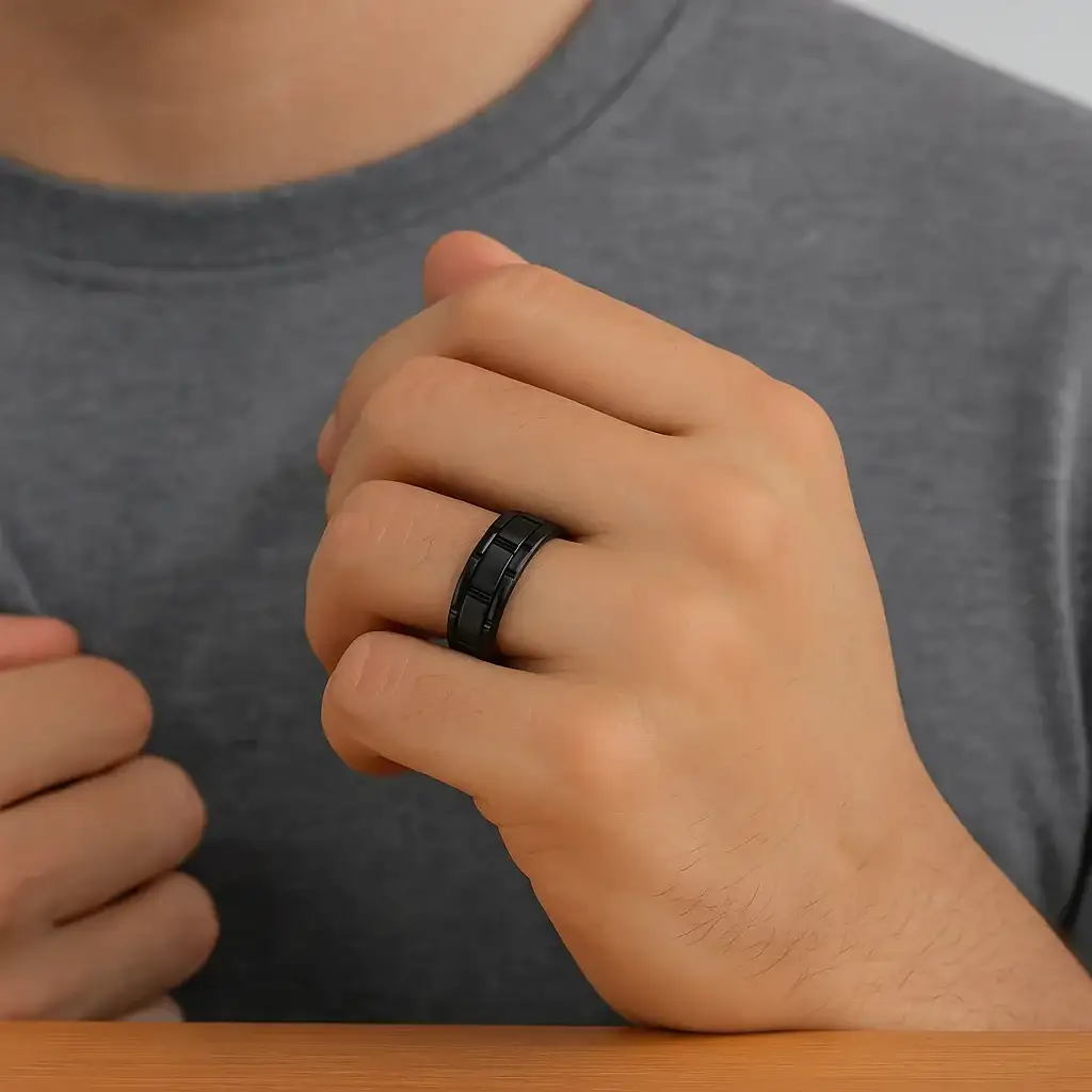 WINDSOR Beveled Black Tungsten Carbide Wedding Band with Brushed Center and Alternating Grooves – 8mm & 10mm - Image 9