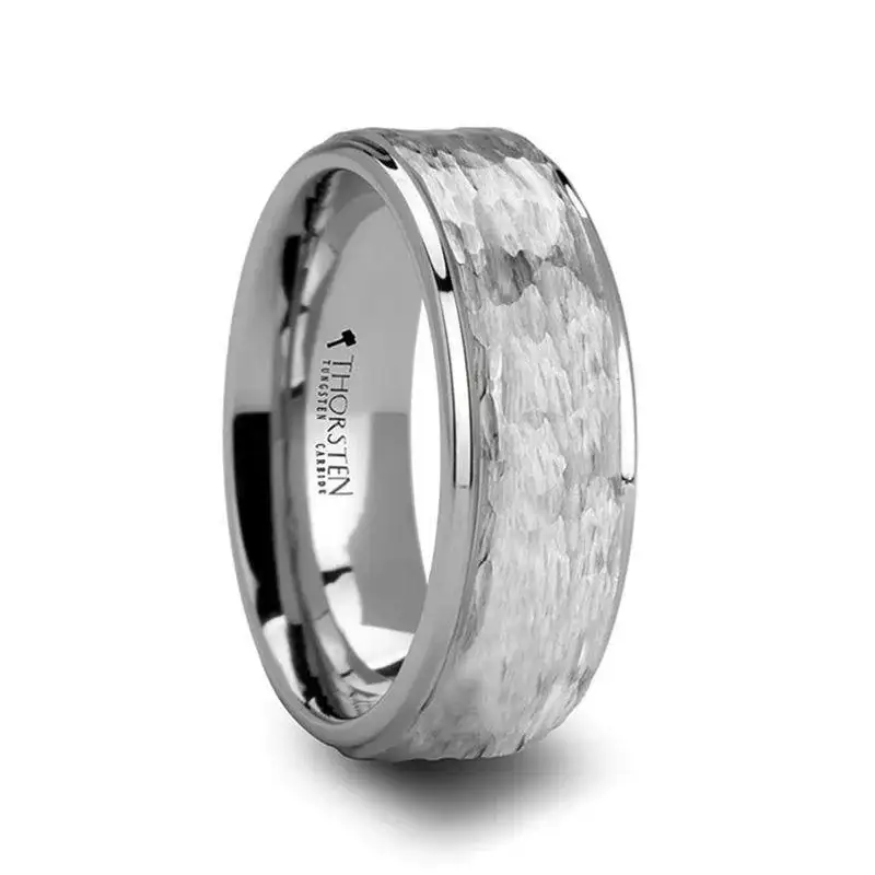 WINNIE Women's White Tungsten Ring with Raised Hammered Finish Center and Polished Step Edges - 4mm - Image 2