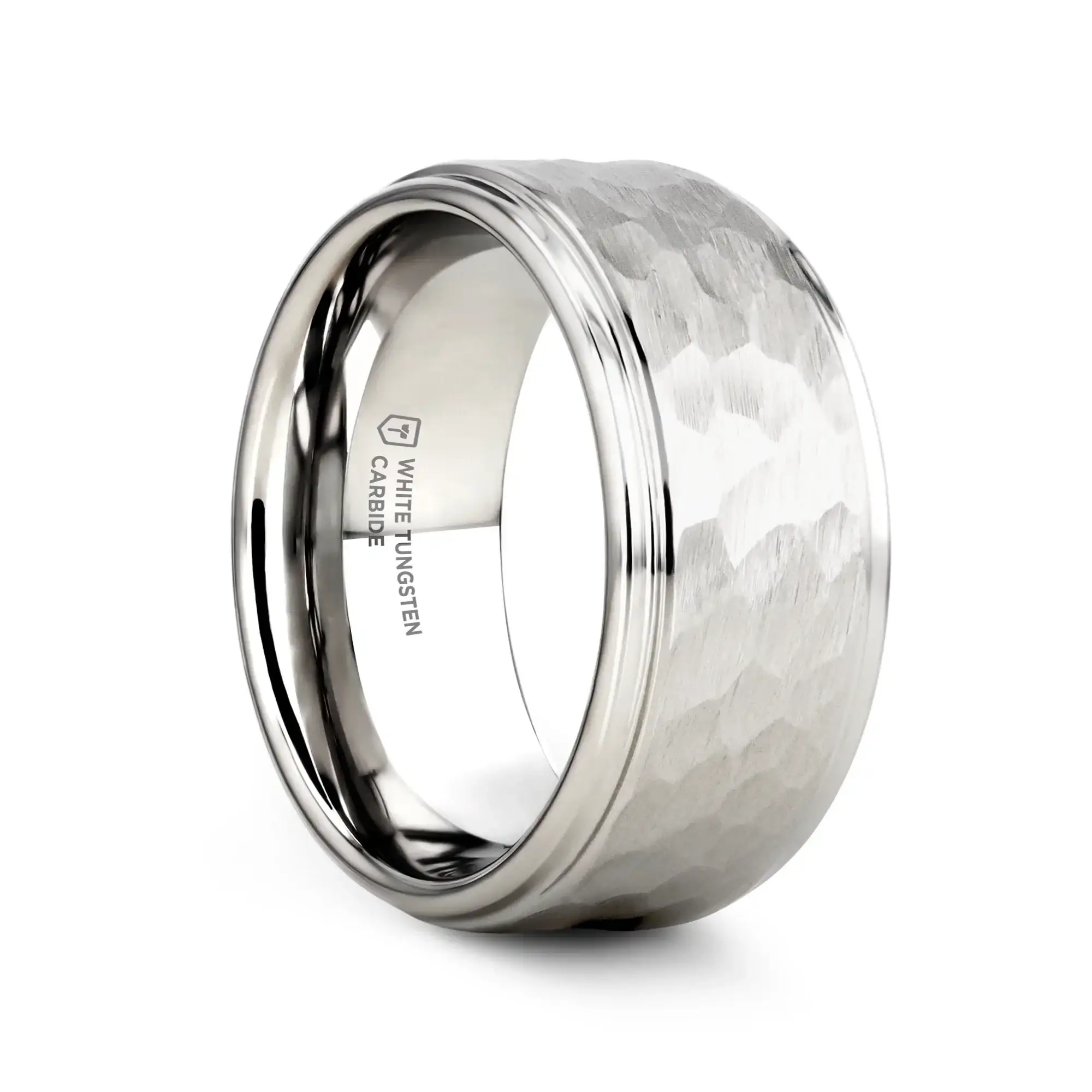 WINSTON White Tungsten Ring with Raised Hammered Finish and Polished Step Edges - 4mm - 10mm - Image 10