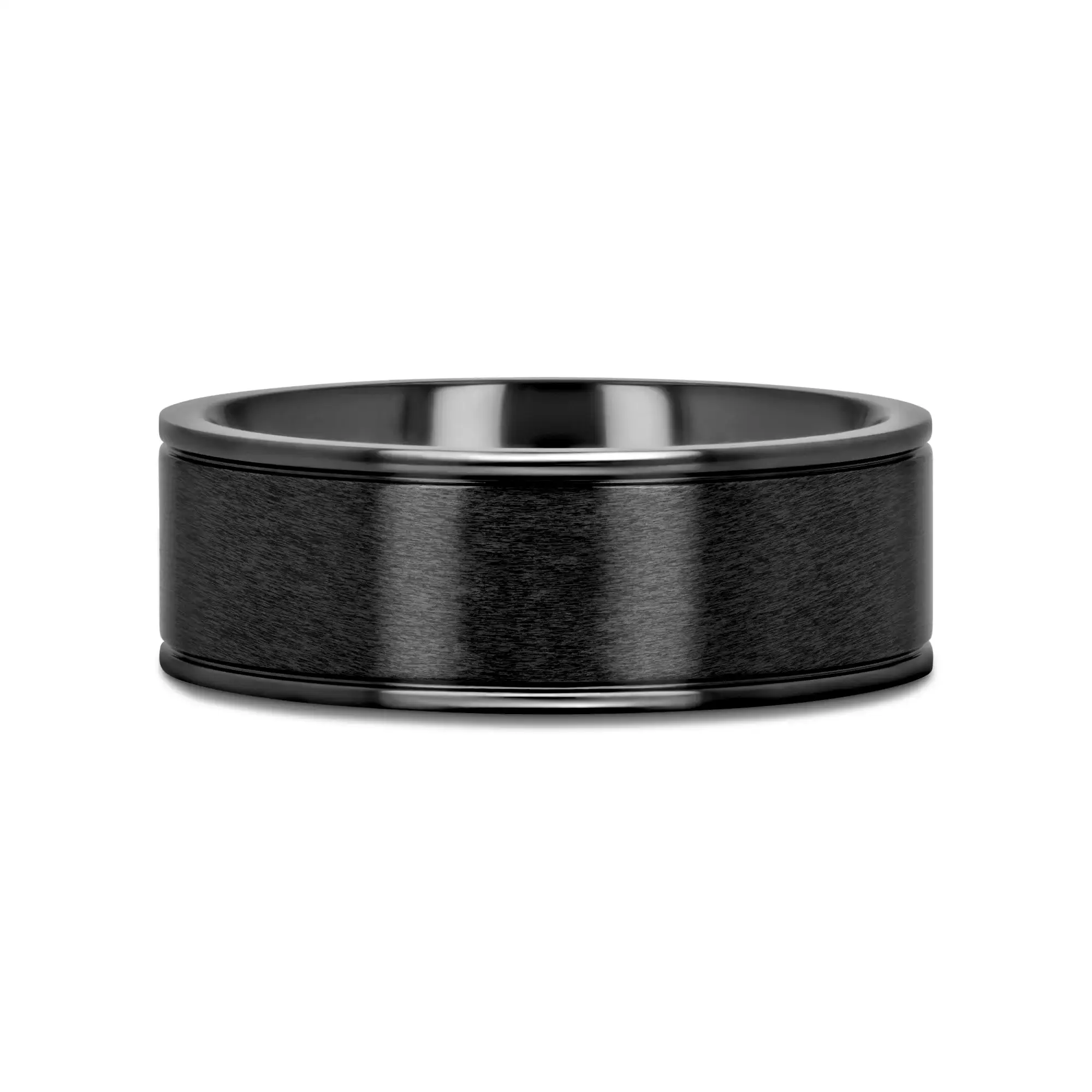 WOLFGANG Black Titanium Brushed Finish Men’s Wedding Ring with Polished Dual Offset Grooves – 6mm & 8mm - Image 3