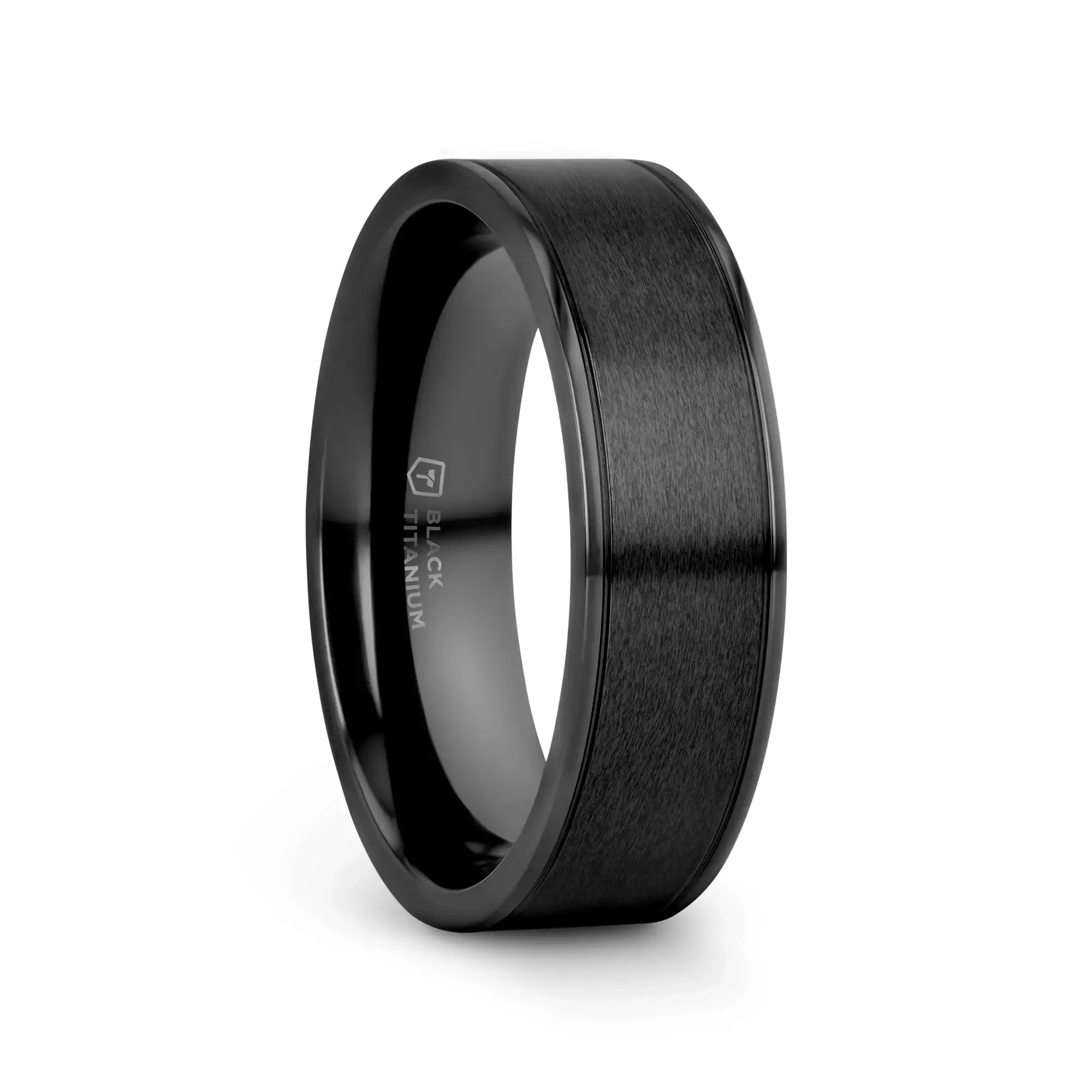 WOLFGANG Black Titanium Brushed Finish Men’s Wedding Ring with Polished Dual Offset Grooves – 6mm & 8mm - Image 4