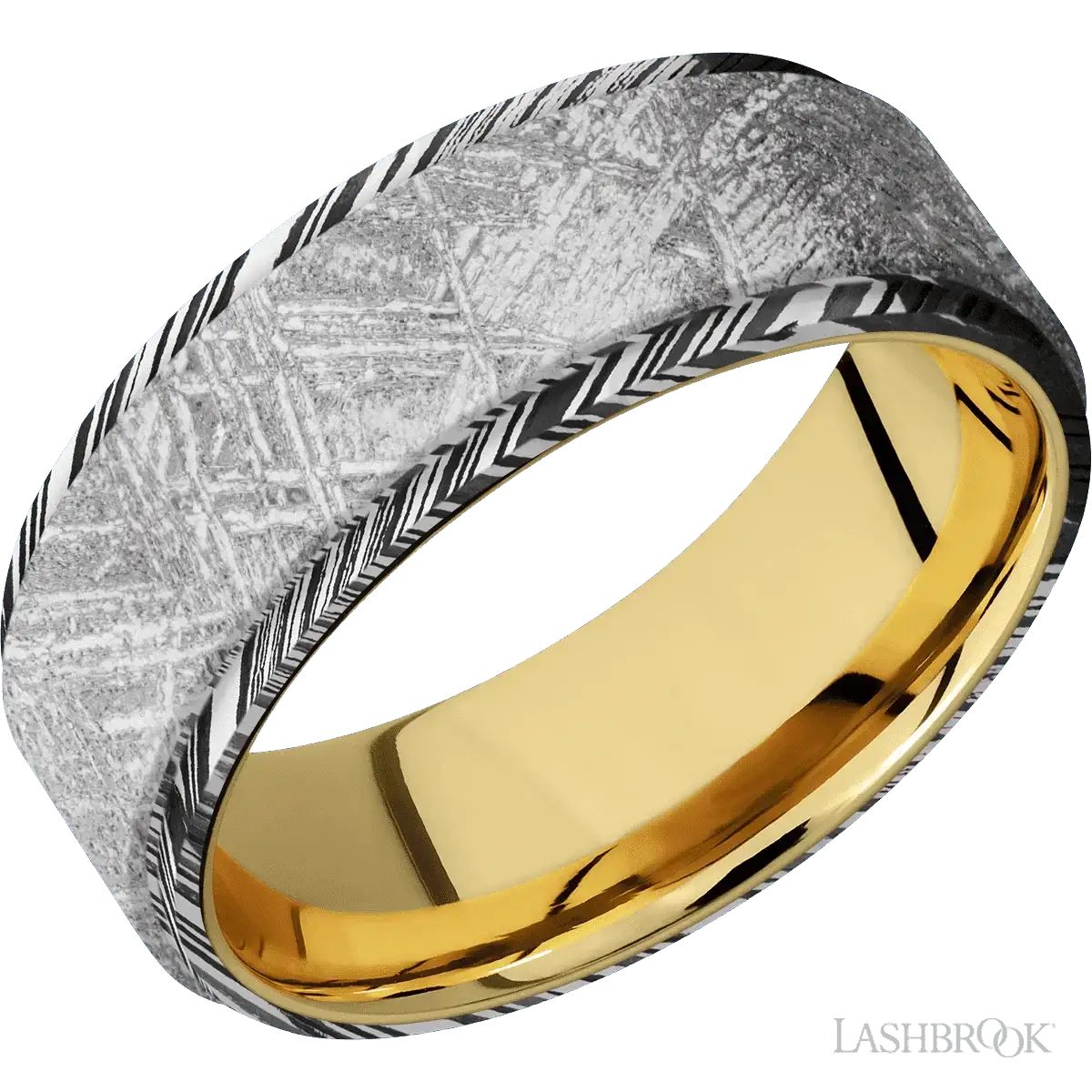 Woodgrain with Acid Finish and Meteorite Inlay and 14K Yellow Gold - 8MM