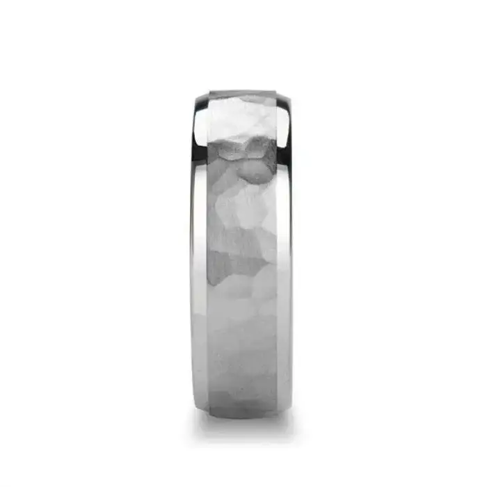 XENON Novell Hammered Finish Center Silver Wedding Band with Bevels - 6mm - 8mm - Image 2