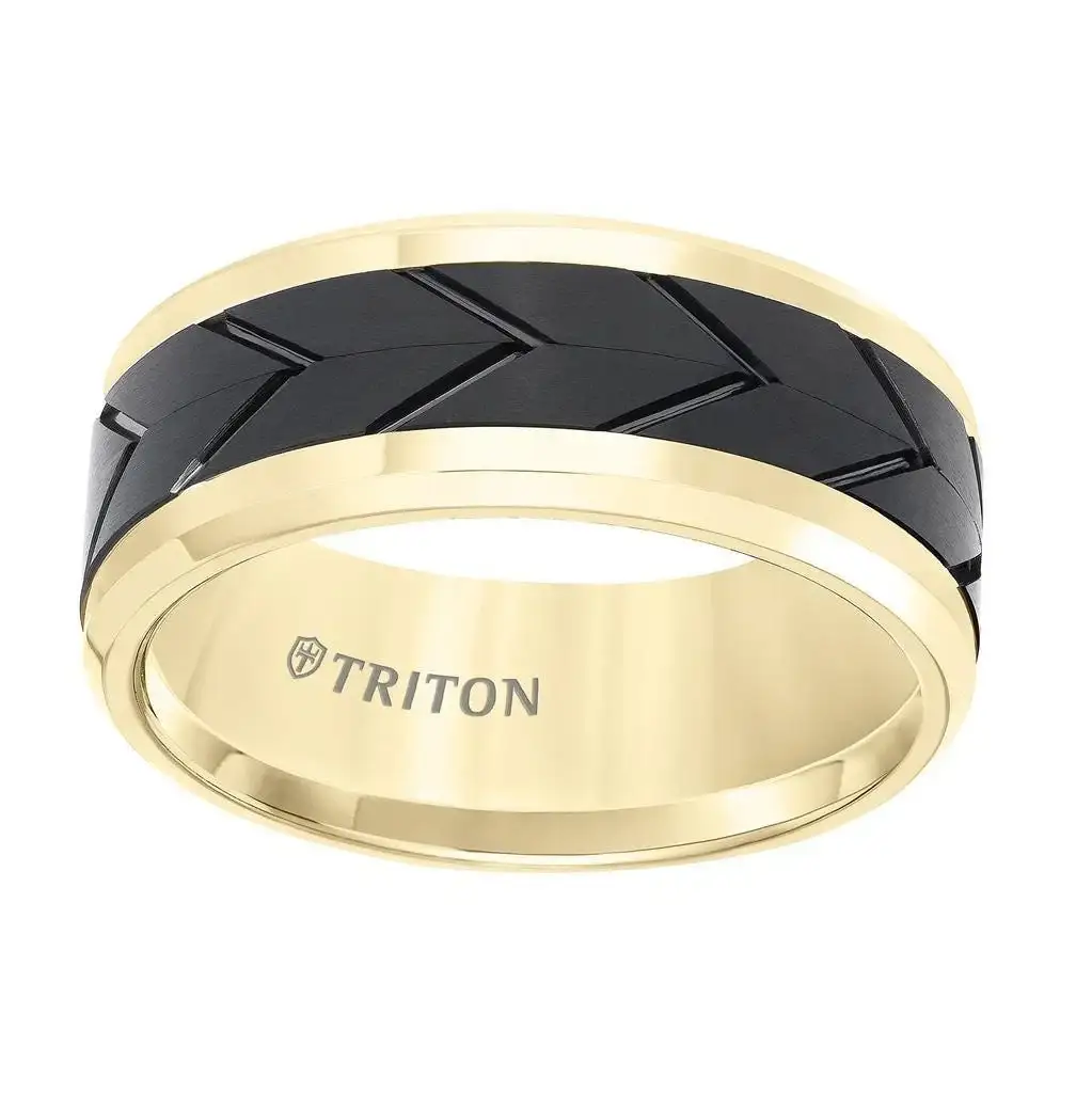 STINGLESS Yellow Tungsten Two-Tone Polished Beveled Wedding Band with Engraved Tire Tread Center by Triton Rings - 9mm - Image 2