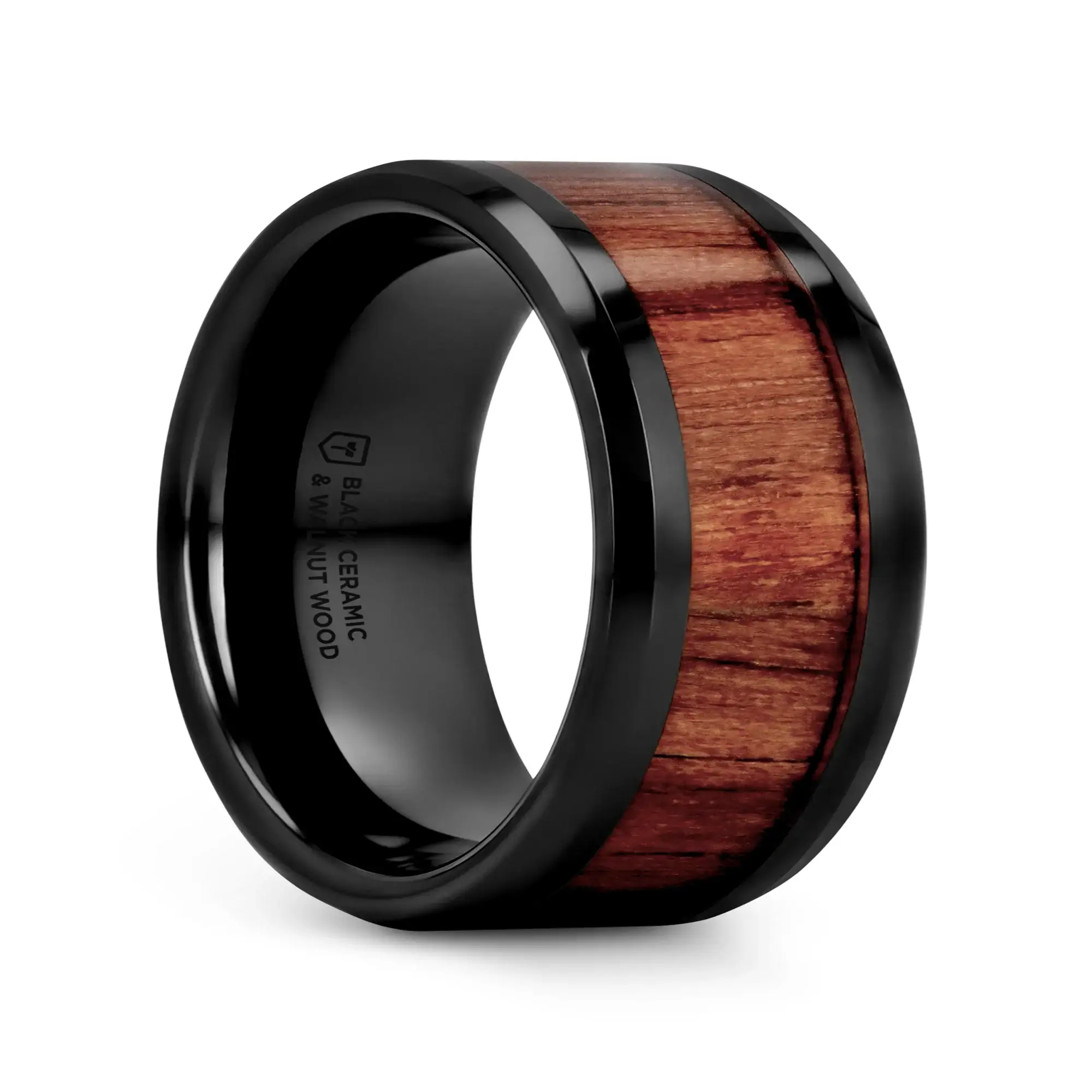 YUKON Beveled Black Ceramic Ring with Black Walnut Wood Inlay - 4mm - 12mm - Image 16