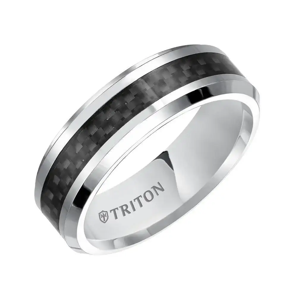 ZEBADIAH Polish Finished Cobalt Comfort Fit Wedding Band with Beveled Edges and Black Carbon Fiber Inlay by Triton Rings - 7 mm