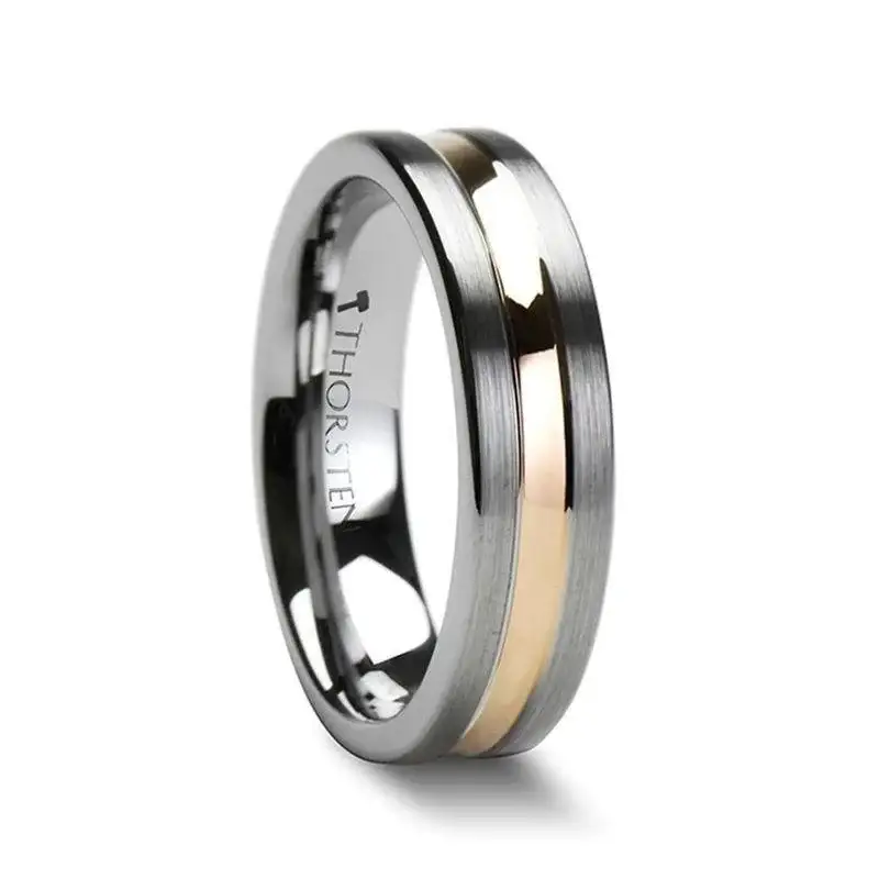 ZENA Flat Brushed Tungsten Ring with Rose Gold Channel — 4mm & 6mm - Image 3