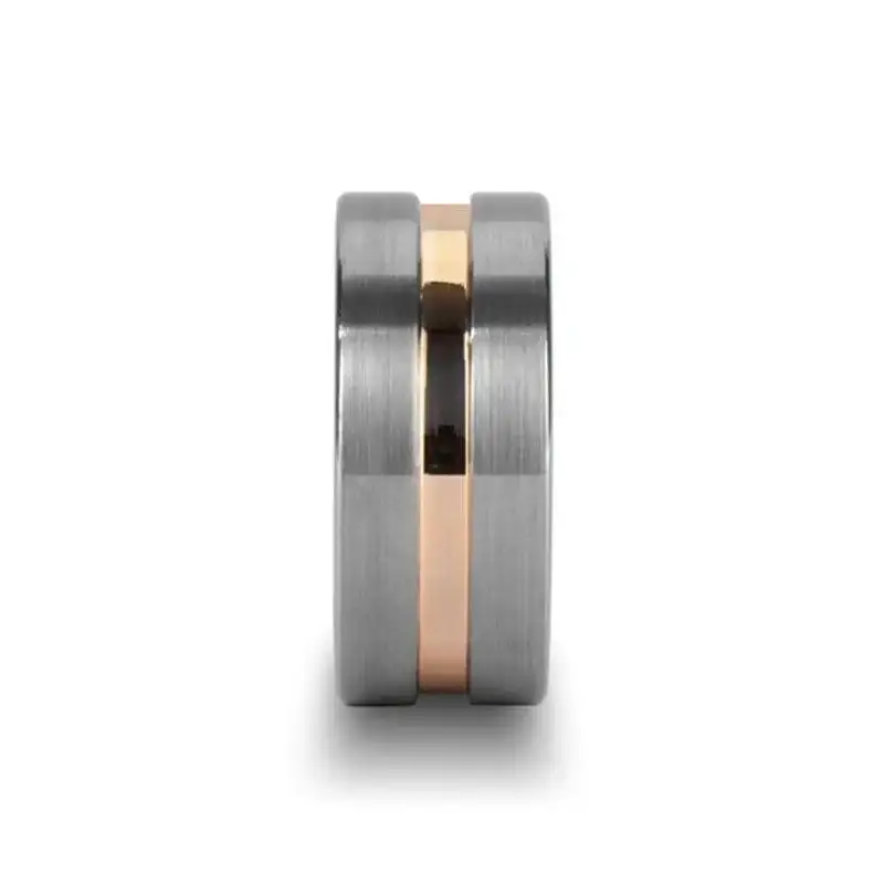 ZENITH Extra Wide Flat Brushed Tungsten Ring with Rose Gold Channel – 10mm - Image 2