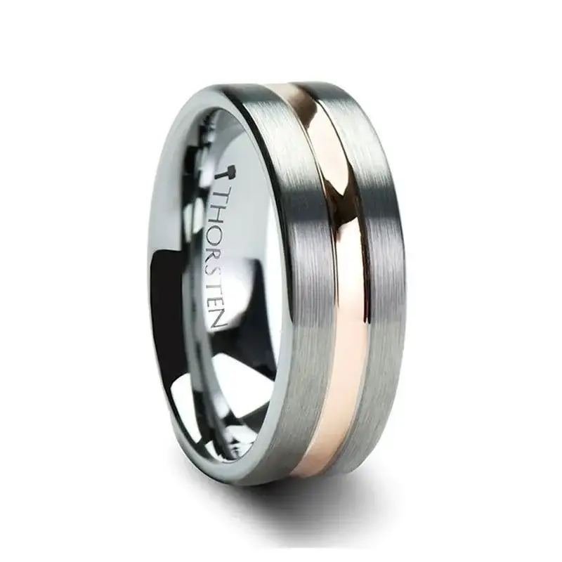 ZENITH Extra Wide Flat Brushed Tungsten Ring with Rose Gold Channel – 10mm - Image 3