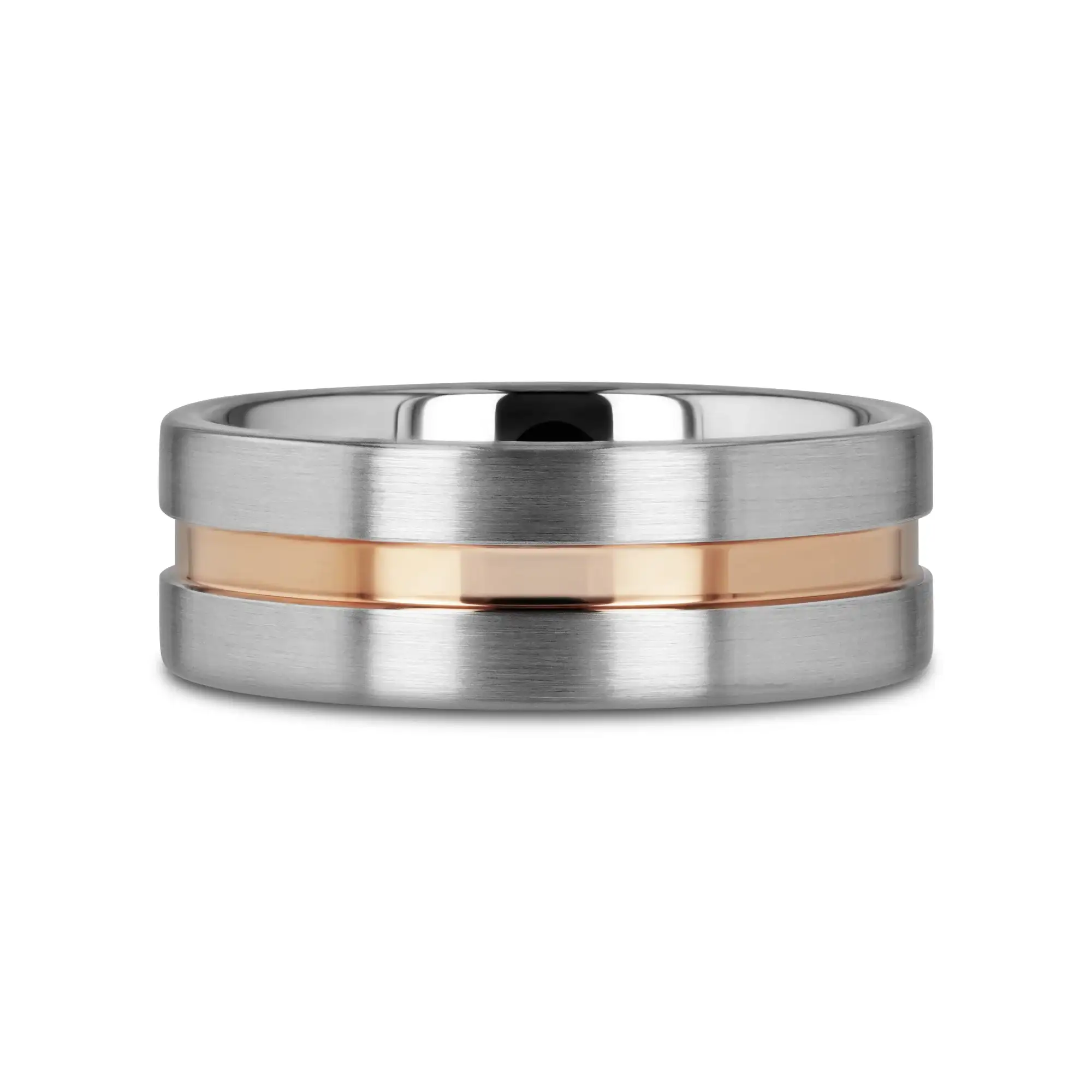 ZEUS Flat Brushed Tungsten Carbide Ring with Rose Gold-Plated Groove (4mm–10mm) - Image 3