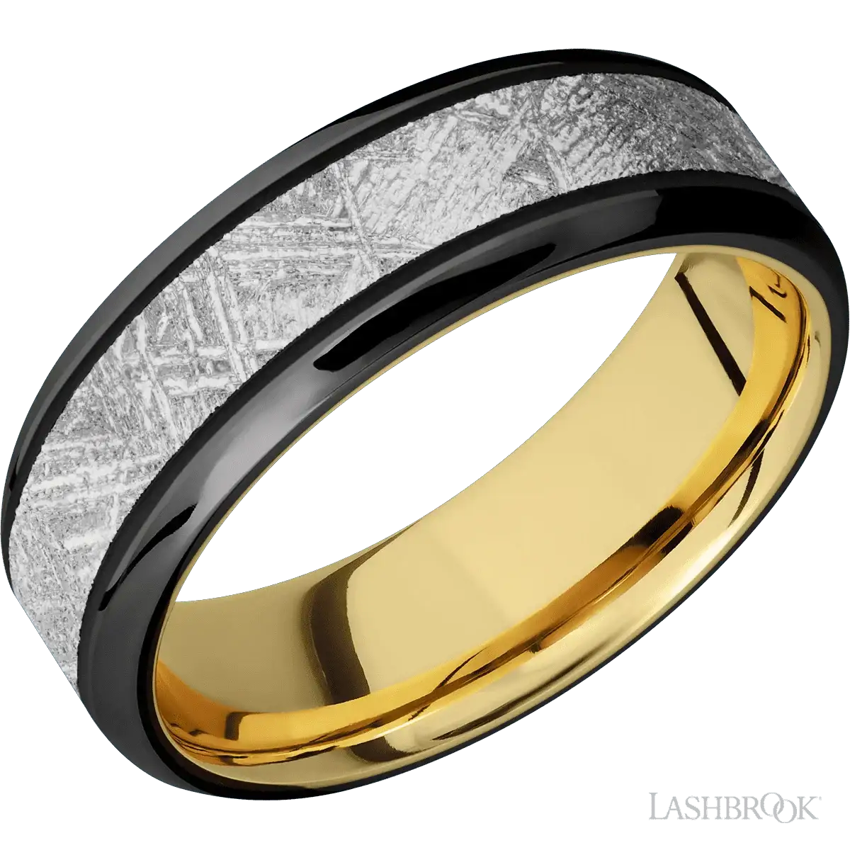 Zirconium with Polish , Polish Finish and Meteorite Inlay and 10K Yellow Gold - 7MM